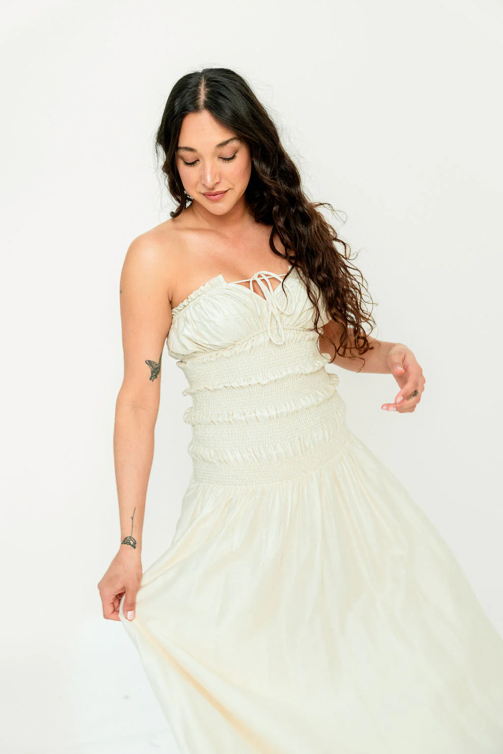 Myra Strapless Smocked Bodice Tube Maxi Dress in Cream - Image 8