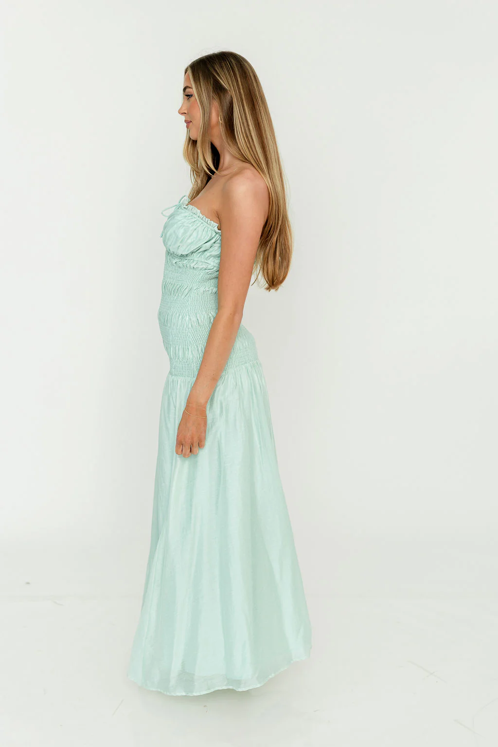 Myra Strapless Smocked Bodice Tube Maxi Dress in Light Mint - Image 10
