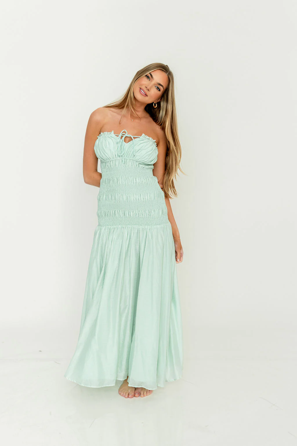 Myra Strapless Smocked Bodice Tube Maxi Dress in Light Mint - Image 3