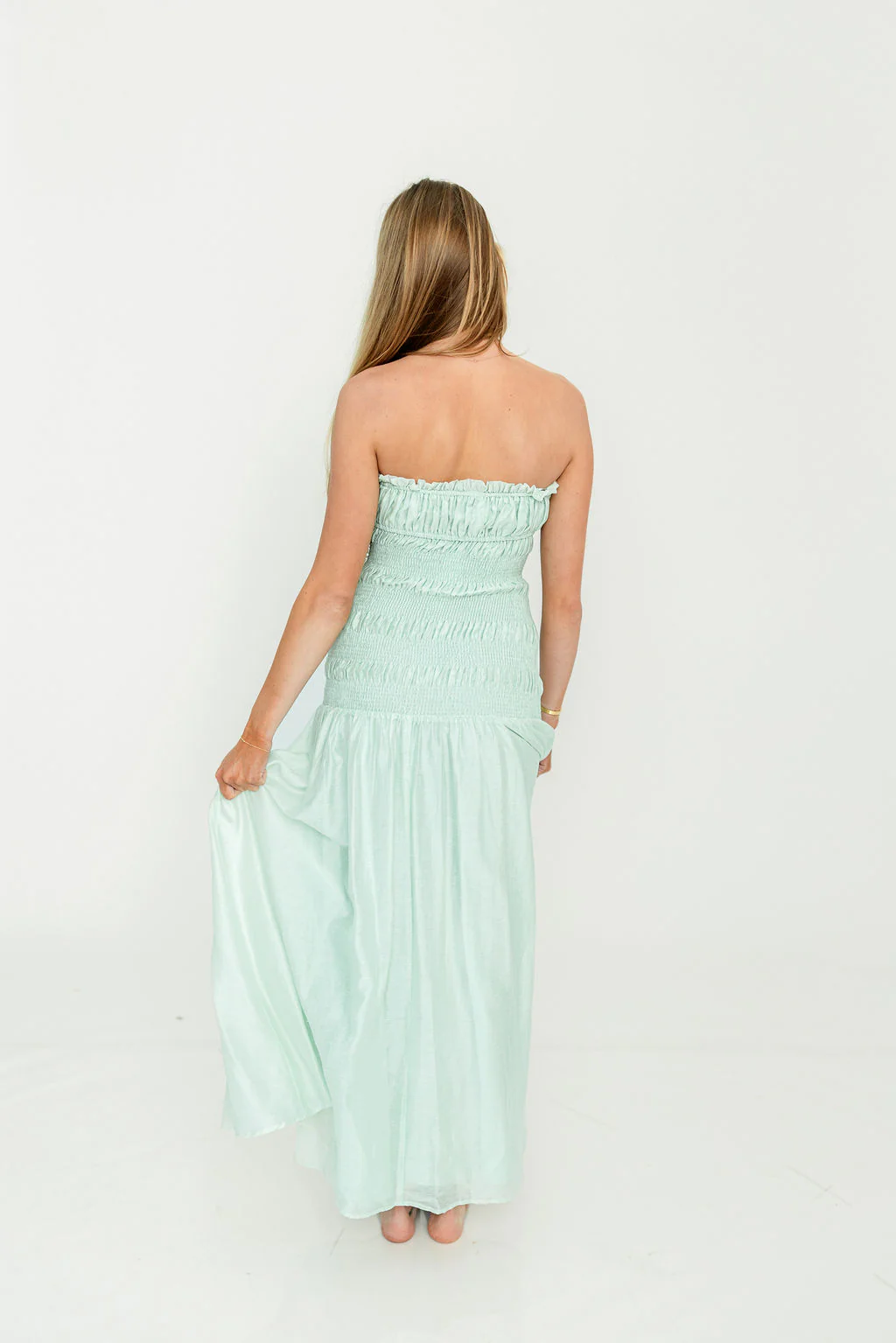 Myra Strapless Smocked Bodice Tube Maxi Dress in Light Mint - Image 4