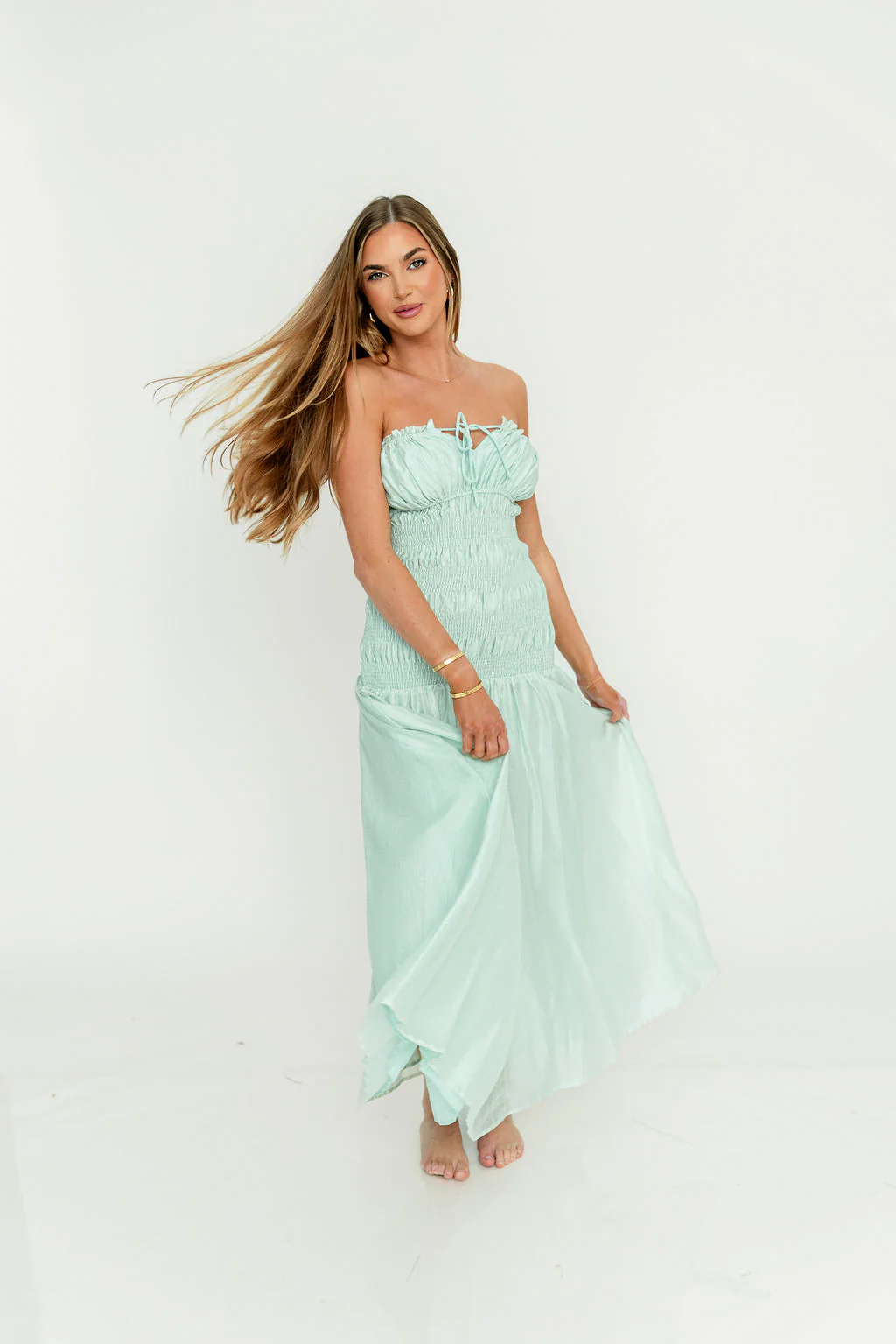 Myra Strapless Smocked Bodice Tube Maxi Dress in Light Mint - Image 7