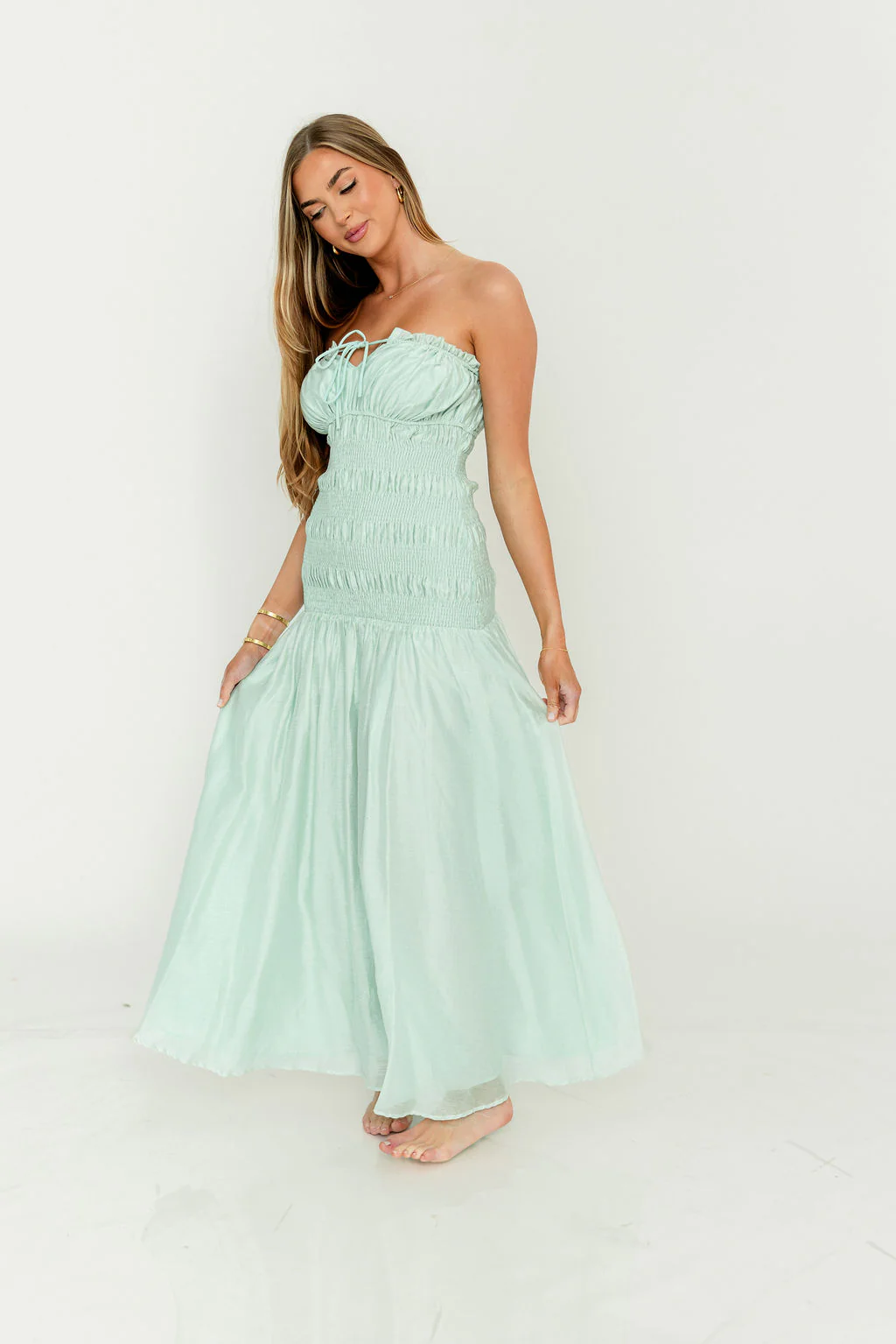 Myra Strapless Smocked Bodice Tube Maxi Dress in Light Mint - Image 9