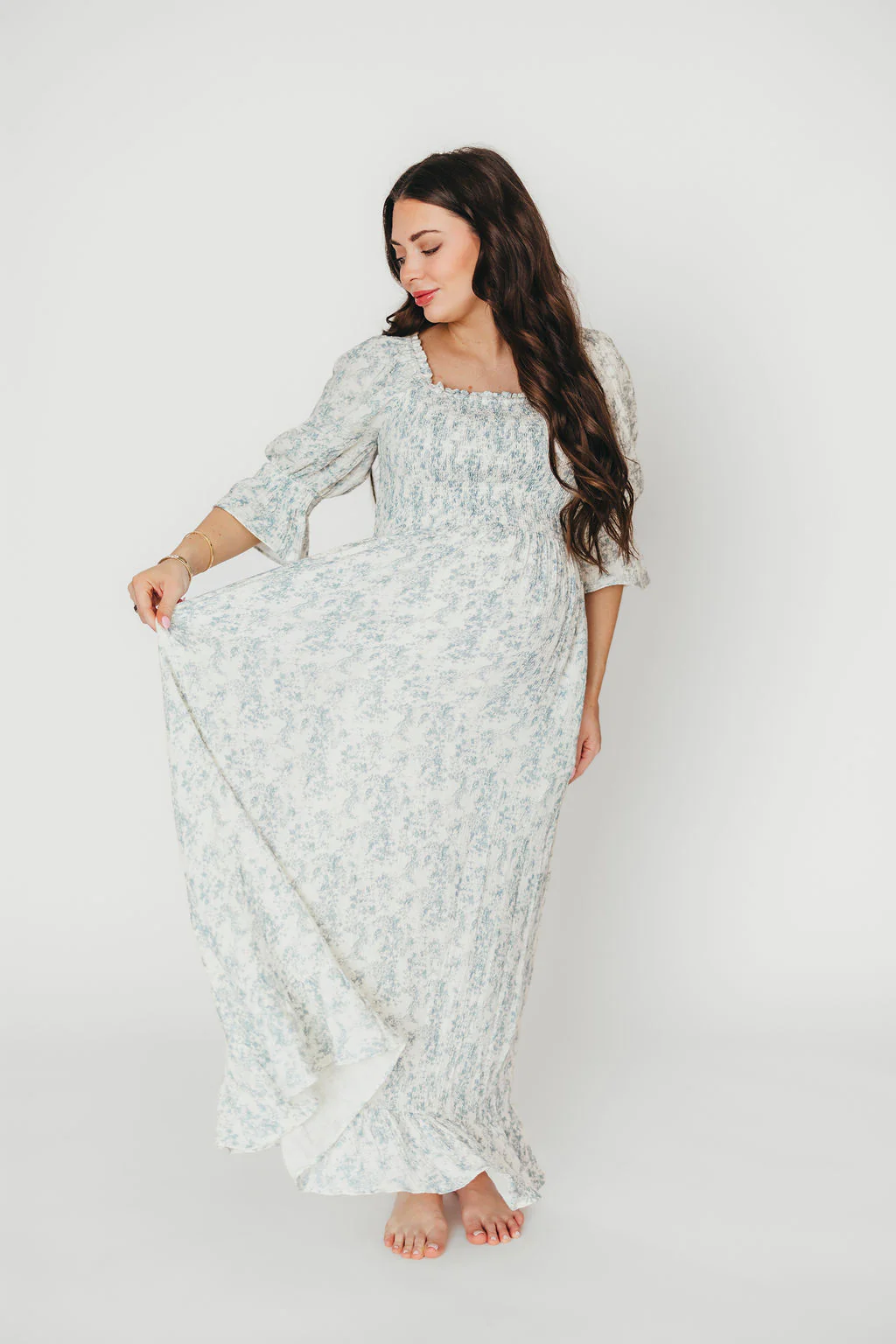 Sienna 100% Cotton Puff Sleeve Maxi Dress in Blue Floral - Bump Friendly - Image 11