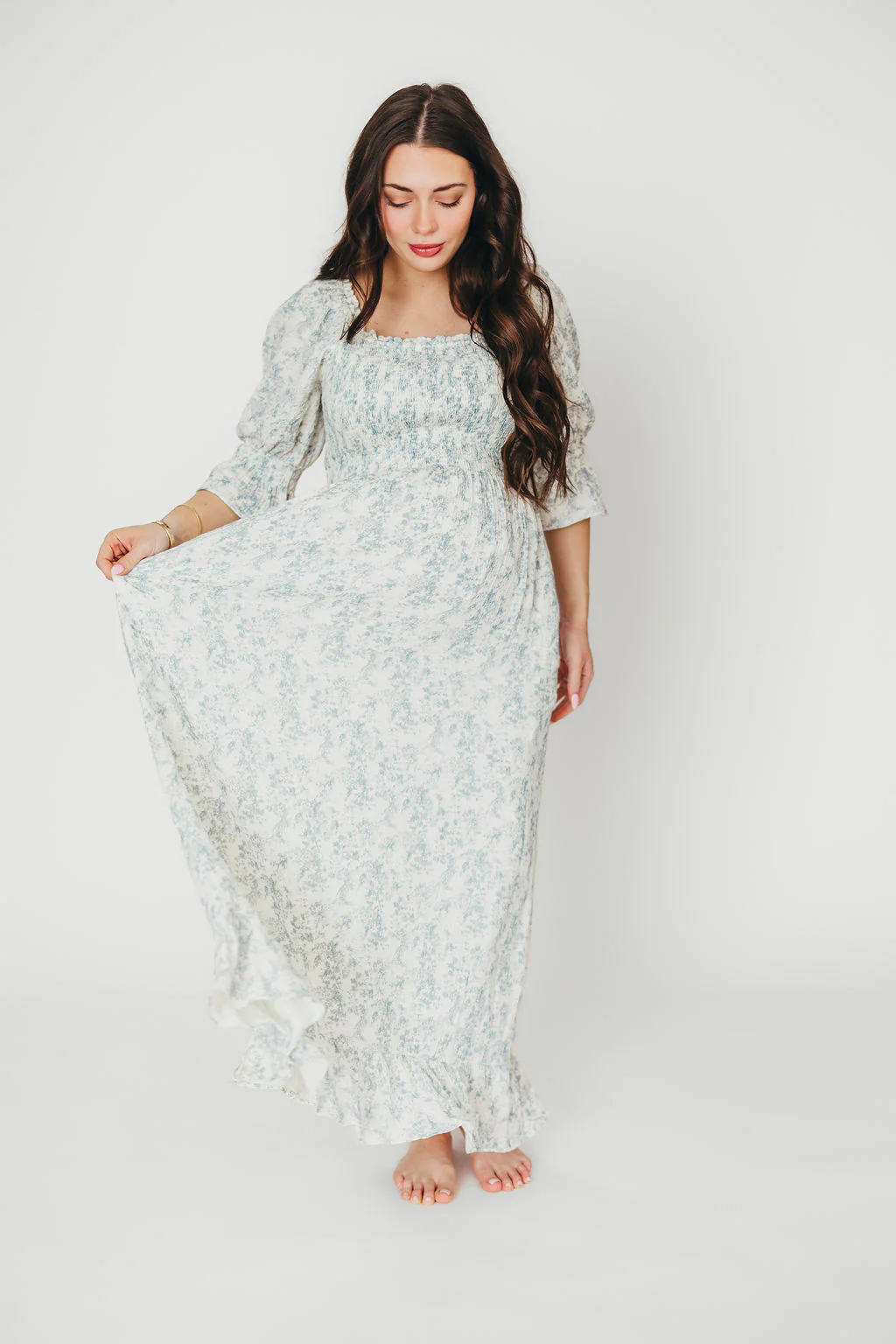 Sienna 100% Cotton Puff Sleeve Maxi Dress in Blue Floral - Bump Friendly - Image 12