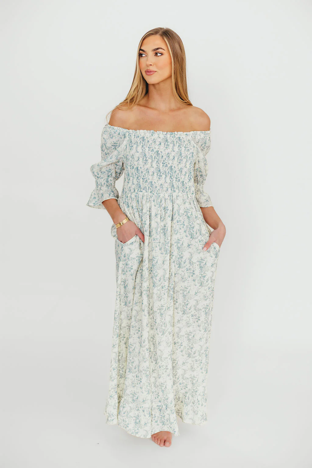 Sienna 100% Cotton Puff Sleeve Maxi Dress in Blue Floral - Bump Friendly - Image 18