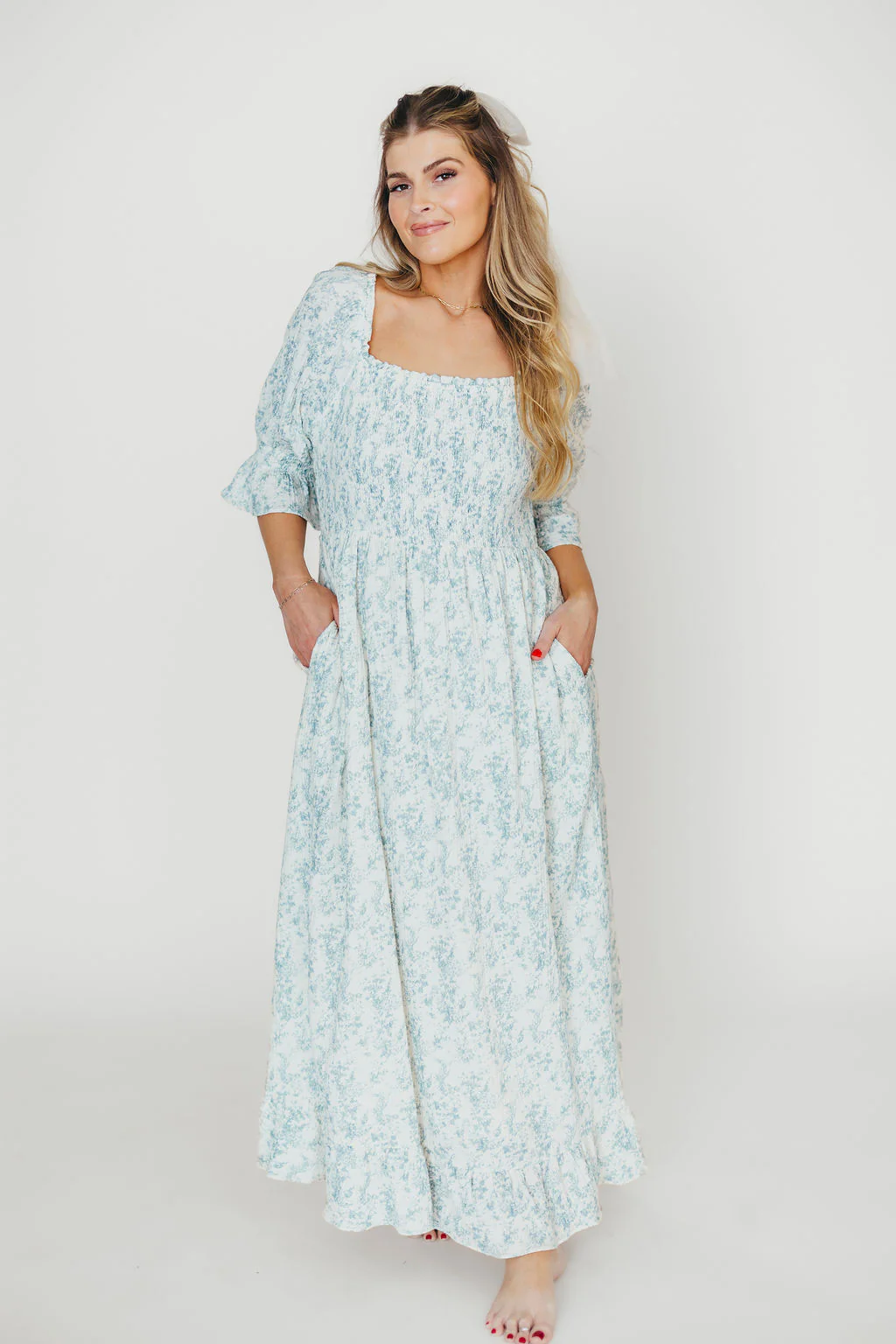 Sienna 100% Cotton Puff Sleeve Maxi Dress in Blue Floral - Bump Friendly - Image 2