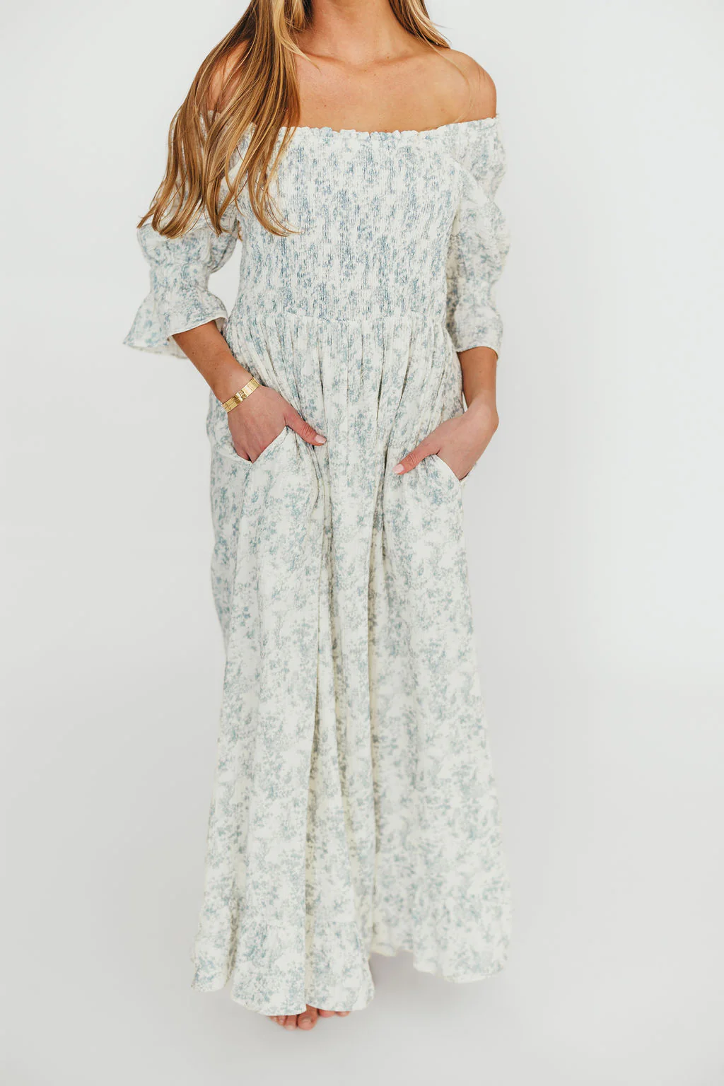 Sienna 100% Cotton Puff Sleeve Maxi Dress in Blue Floral - Bump Friendly - Image 25