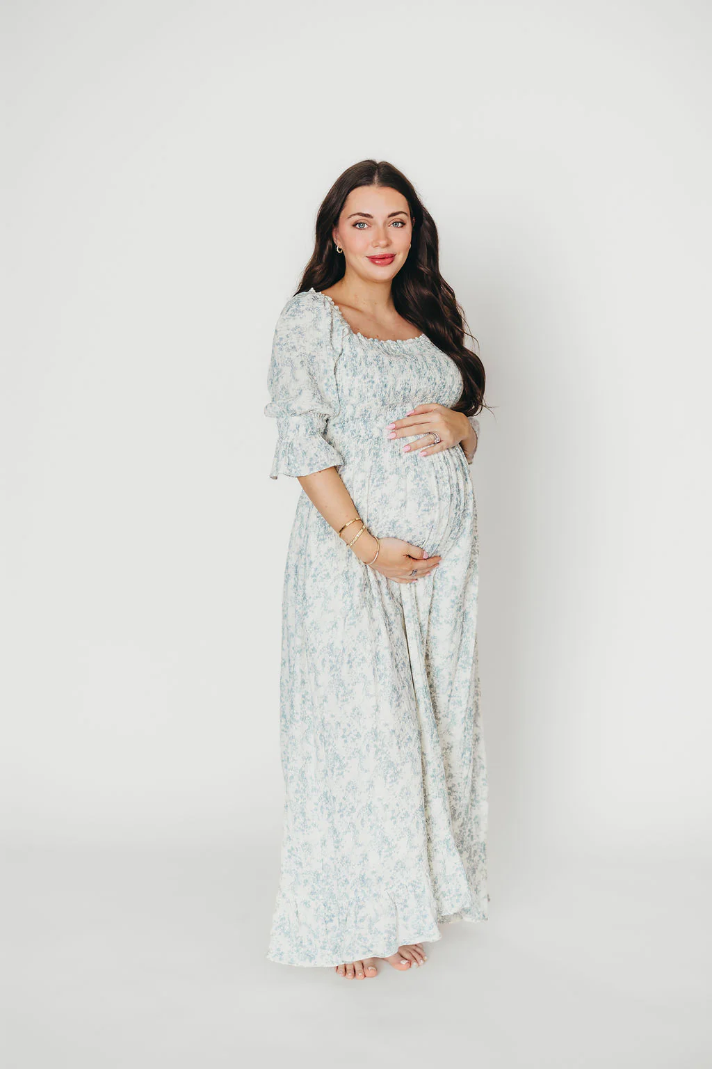 Sienna 100% Cotton Puff Sleeve Maxi Dress in Blue Floral - Bump Friendly - Image 3