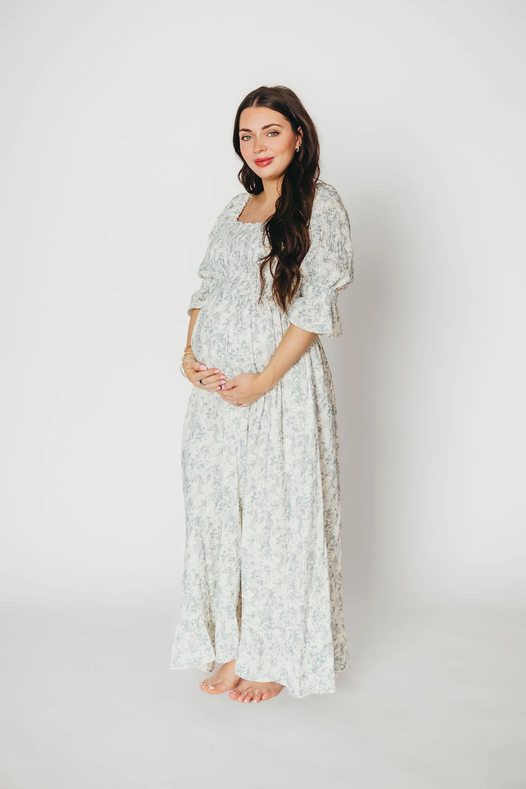 Sienna 100% Cotton Puff Sleeve Maxi Dress in Blue Floral - Bump Friendly - Image 4