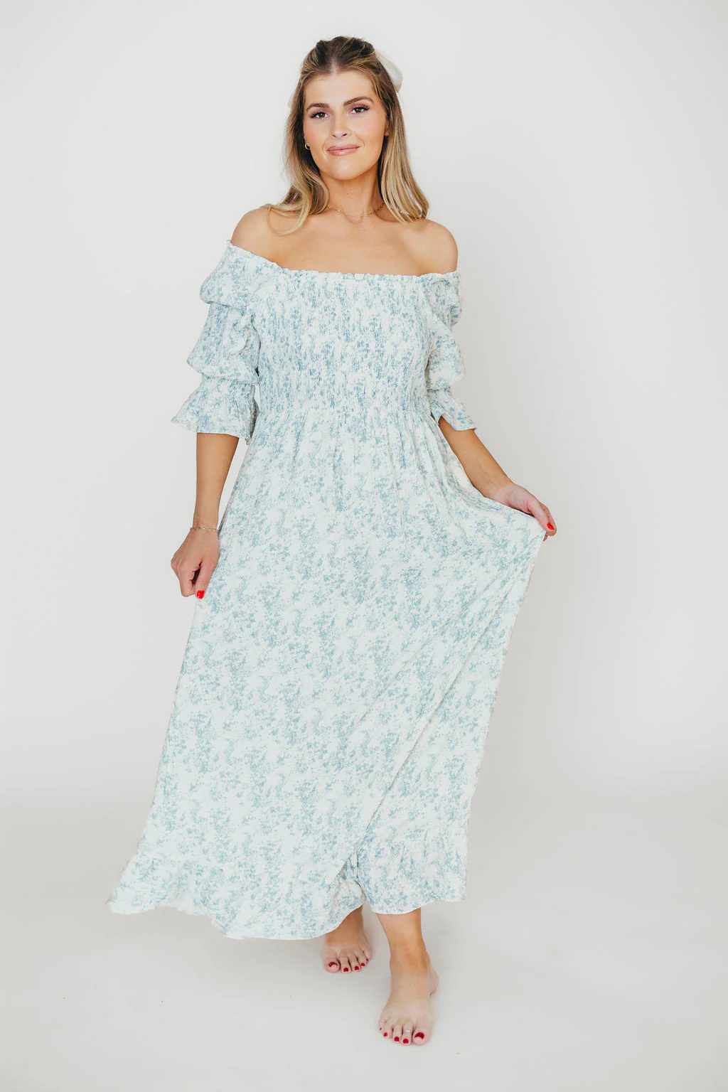 Sienna 100% Cotton Puff Sleeve Maxi Dress in Blue Floral - Bump Friendly - Image 5
