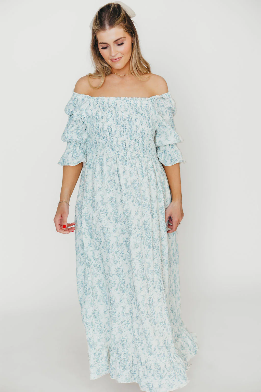 Sienna 100% Cotton Puff Sleeve Maxi Dress in Blue Floral - Bump Friendly - Image 6