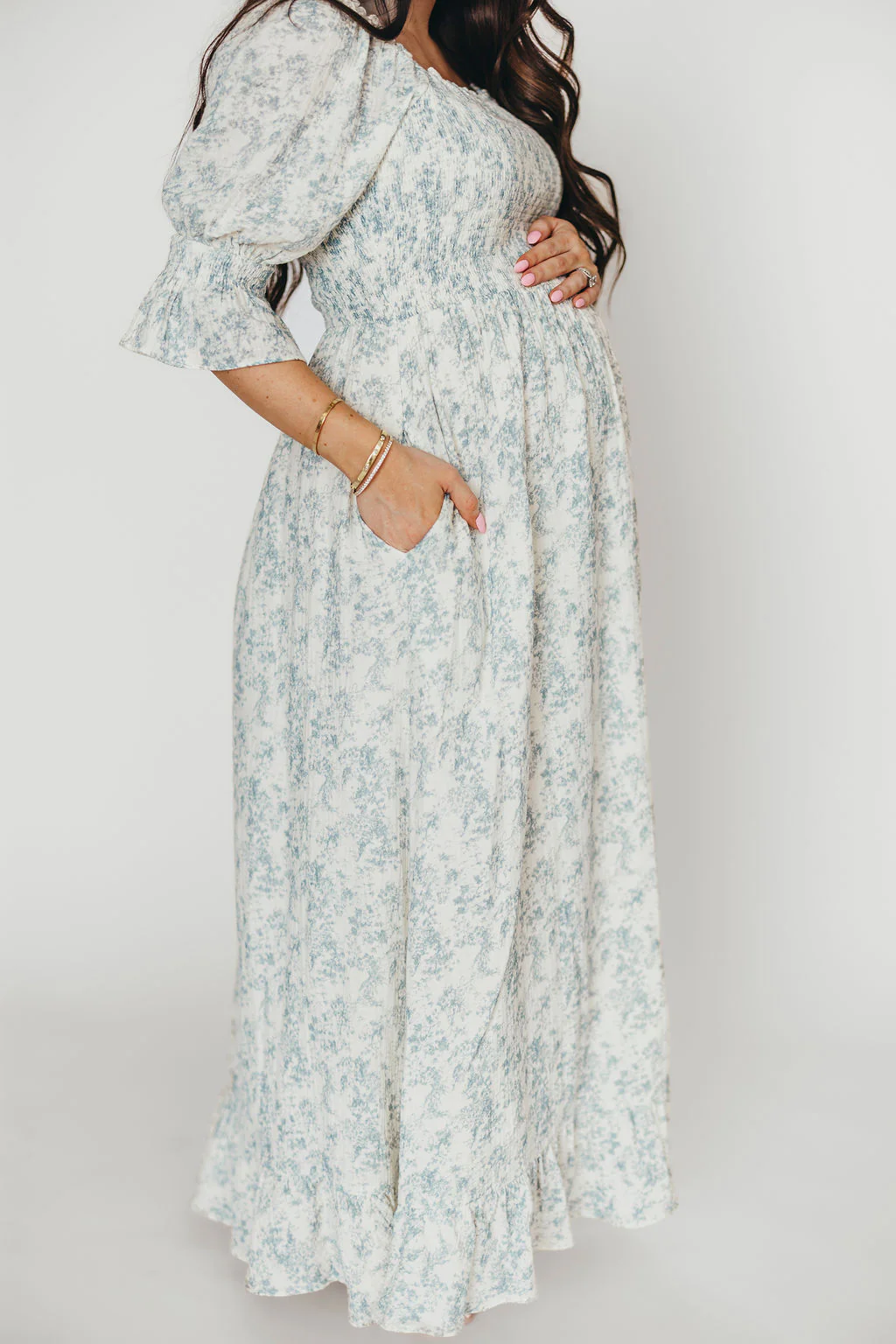 Sienna 100% Cotton Puff Sleeve Maxi Dress in Blue Floral - Bump Friendly - Image 9