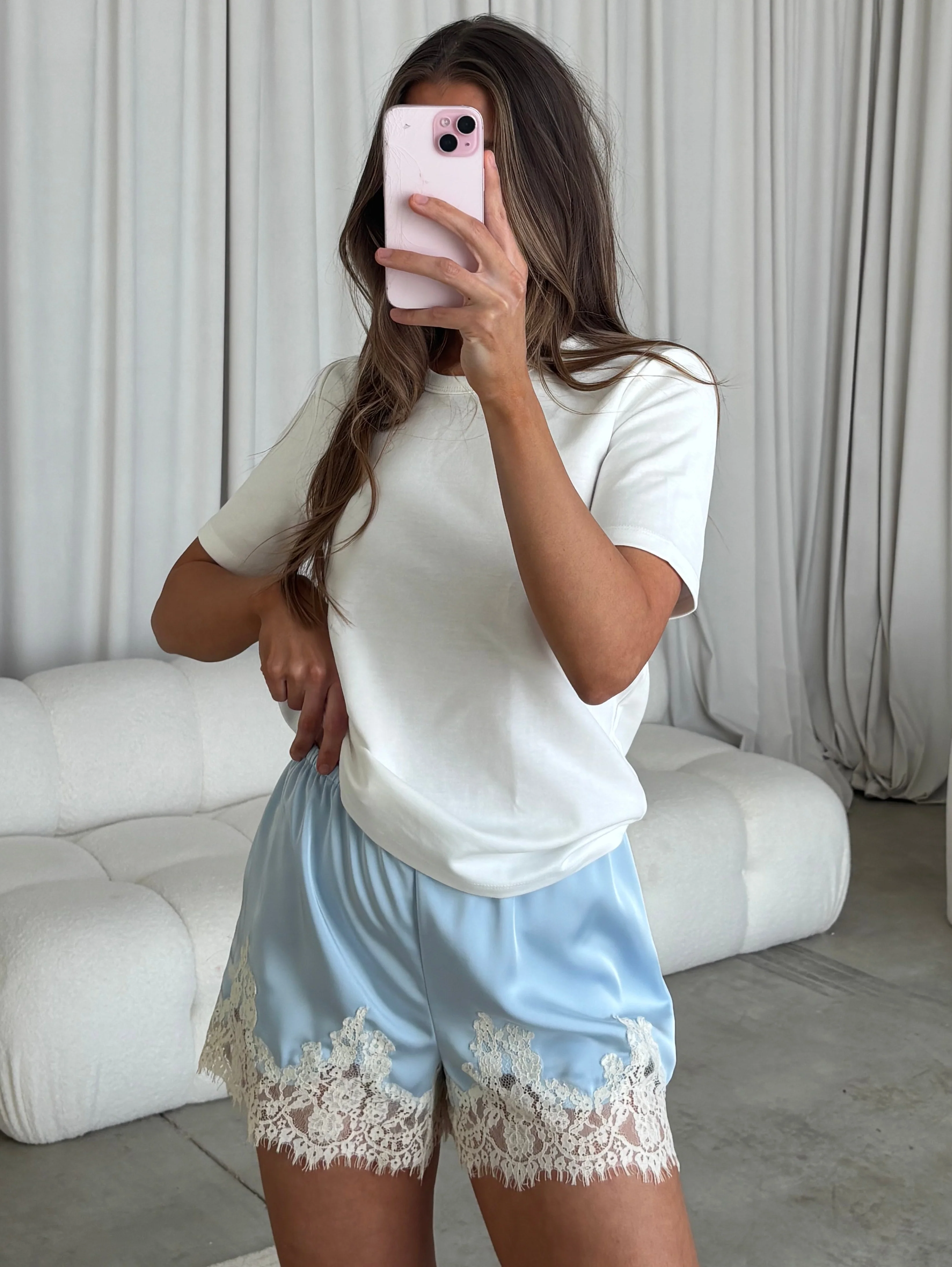 Eva Satin Lace Shorts in Blue