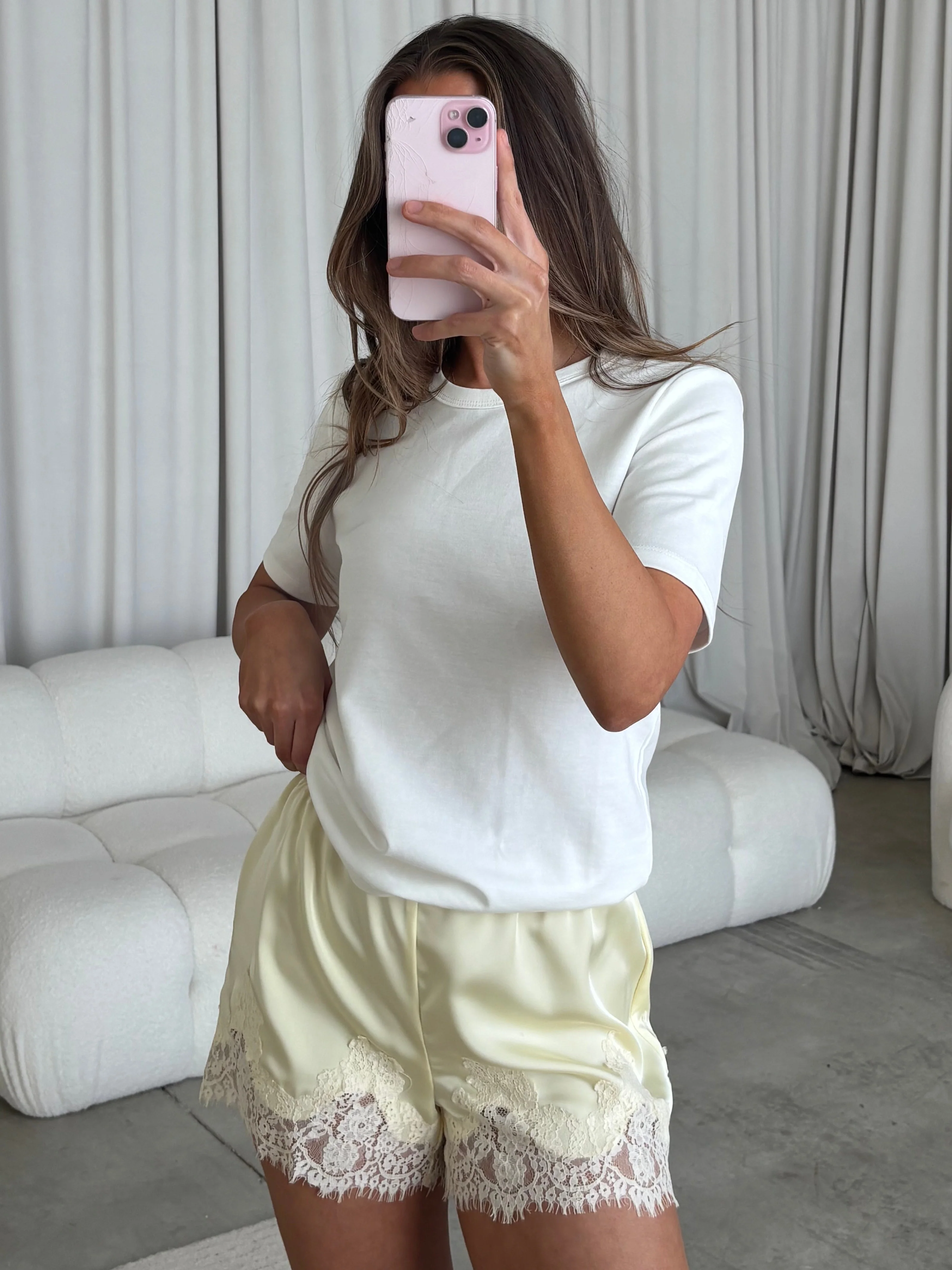Eva Satin Lace Shorts in Yellow/Cream