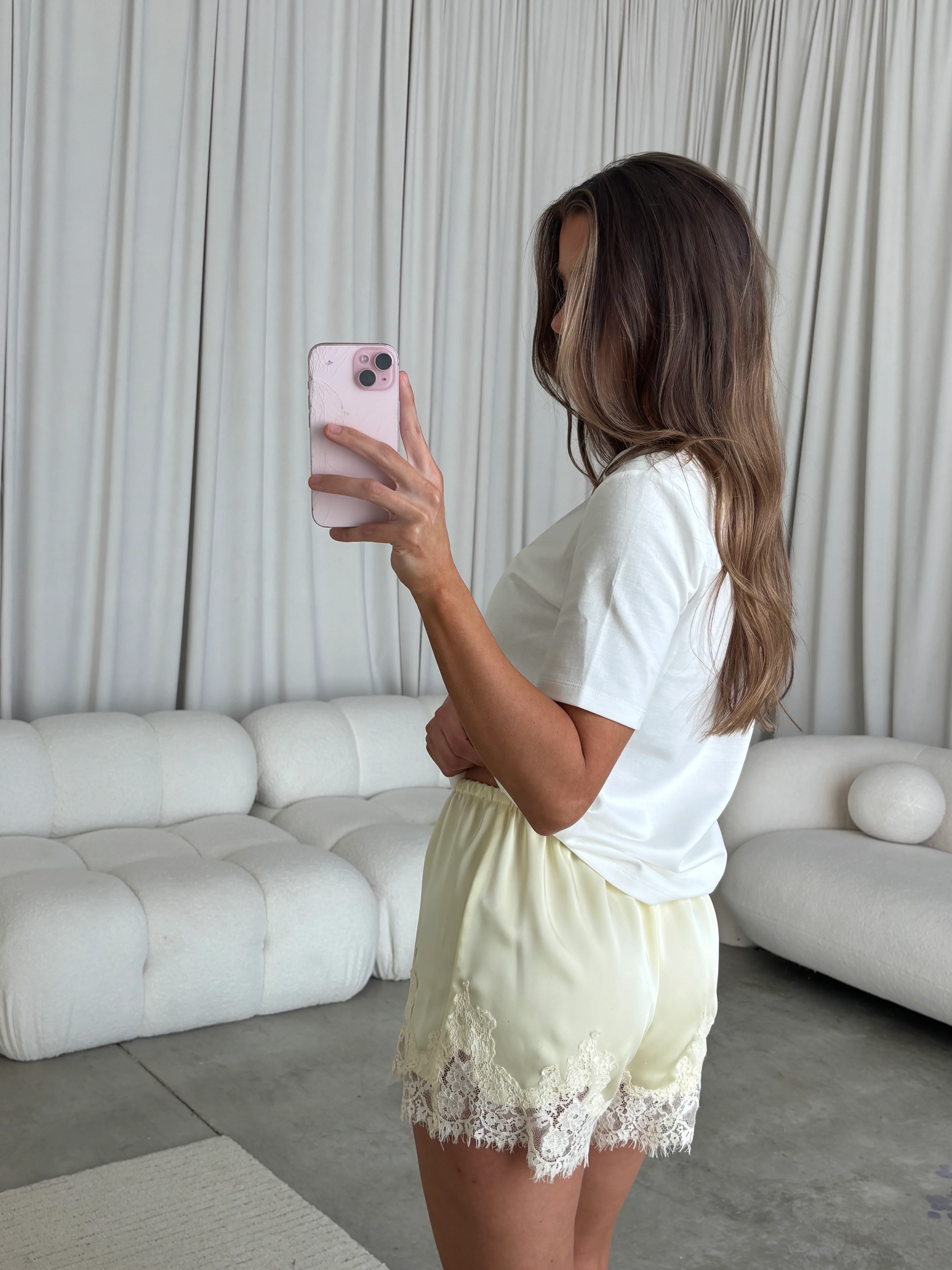 Eva Satin Lace Shorts in Yellow/Cream - Image 3