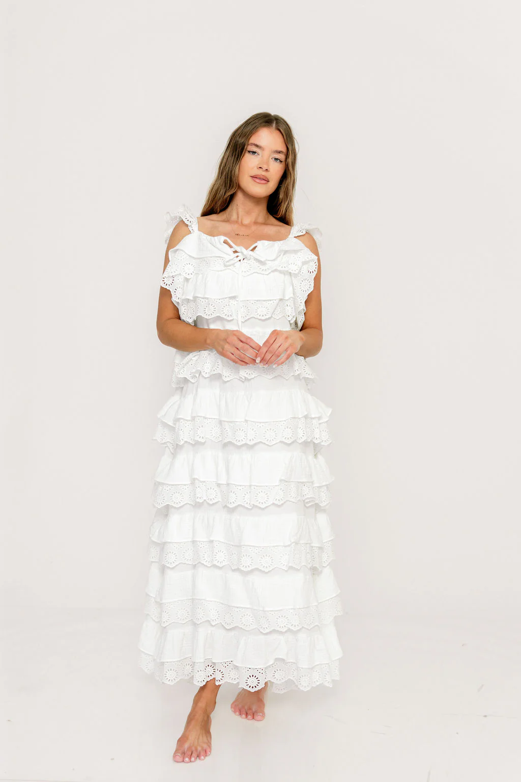 Mikayla 100% Cotton Lace and Gauze Contrast Tiered Maxi Dress in Off White