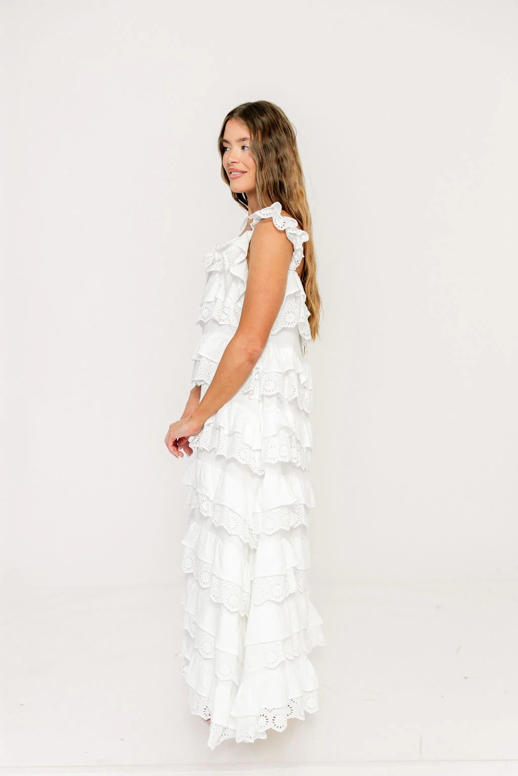 Mikayla 100% Cotton Lace and Gauze Contrast Tiered Maxi Dress in Off White - Image 10