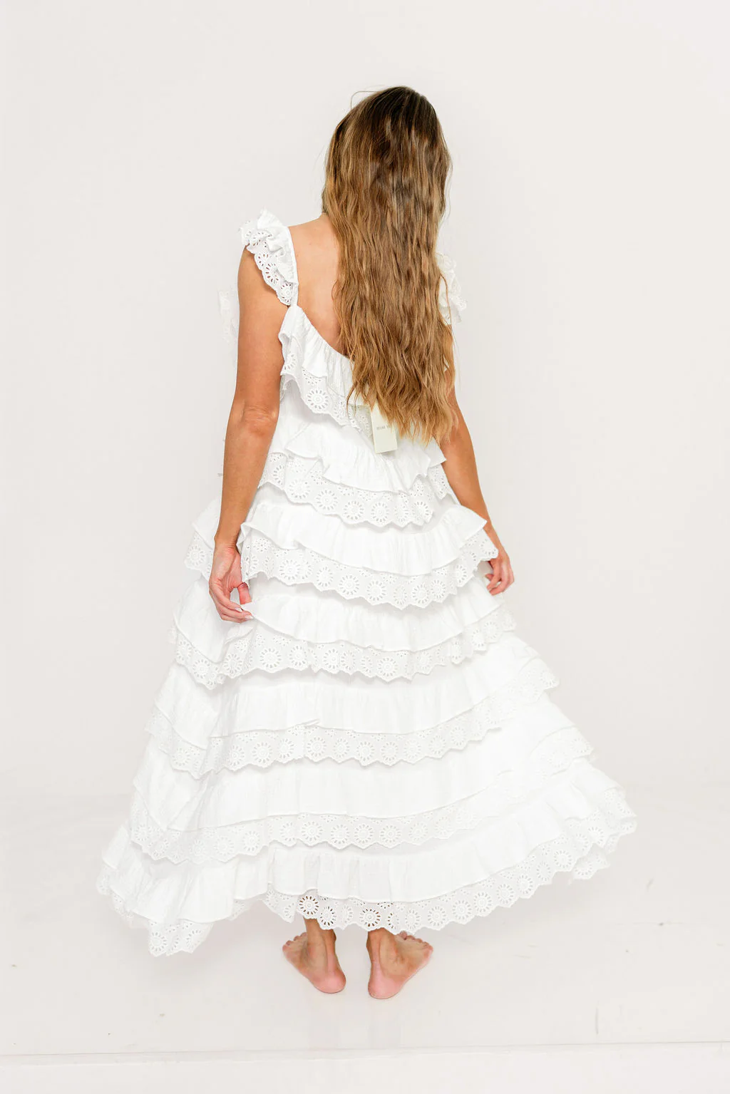 Mikayla 100% Cotton Lace and Gauze Contrast Tiered Maxi Dress in Off White - Image 12