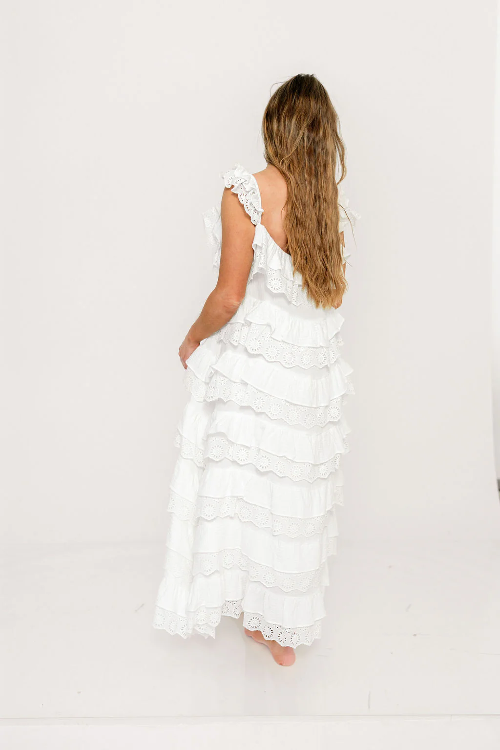 Mikayla 100% Cotton Lace and Gauze Contrast Tiered Maxi Dress in Off White - Image 13