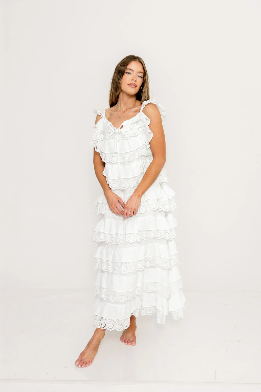 Mikayla 100% Cotton Lace and Gauze Contrast Tiered Maxi Dress in Off White - Image 2