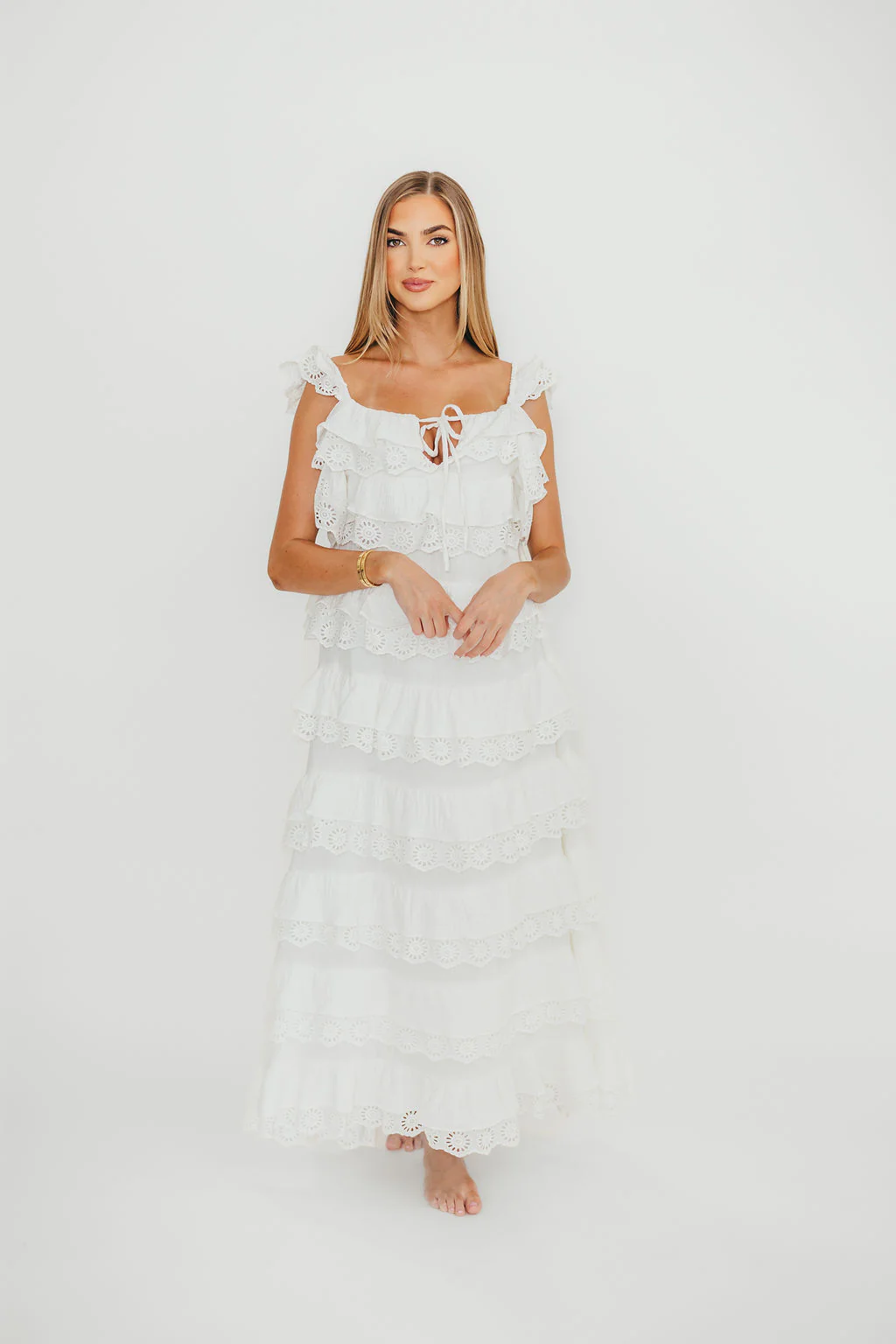 Mikayla 100% Cotton Lace and Gauze Contrast Tiered Maxi Dress in Off White - Image 3