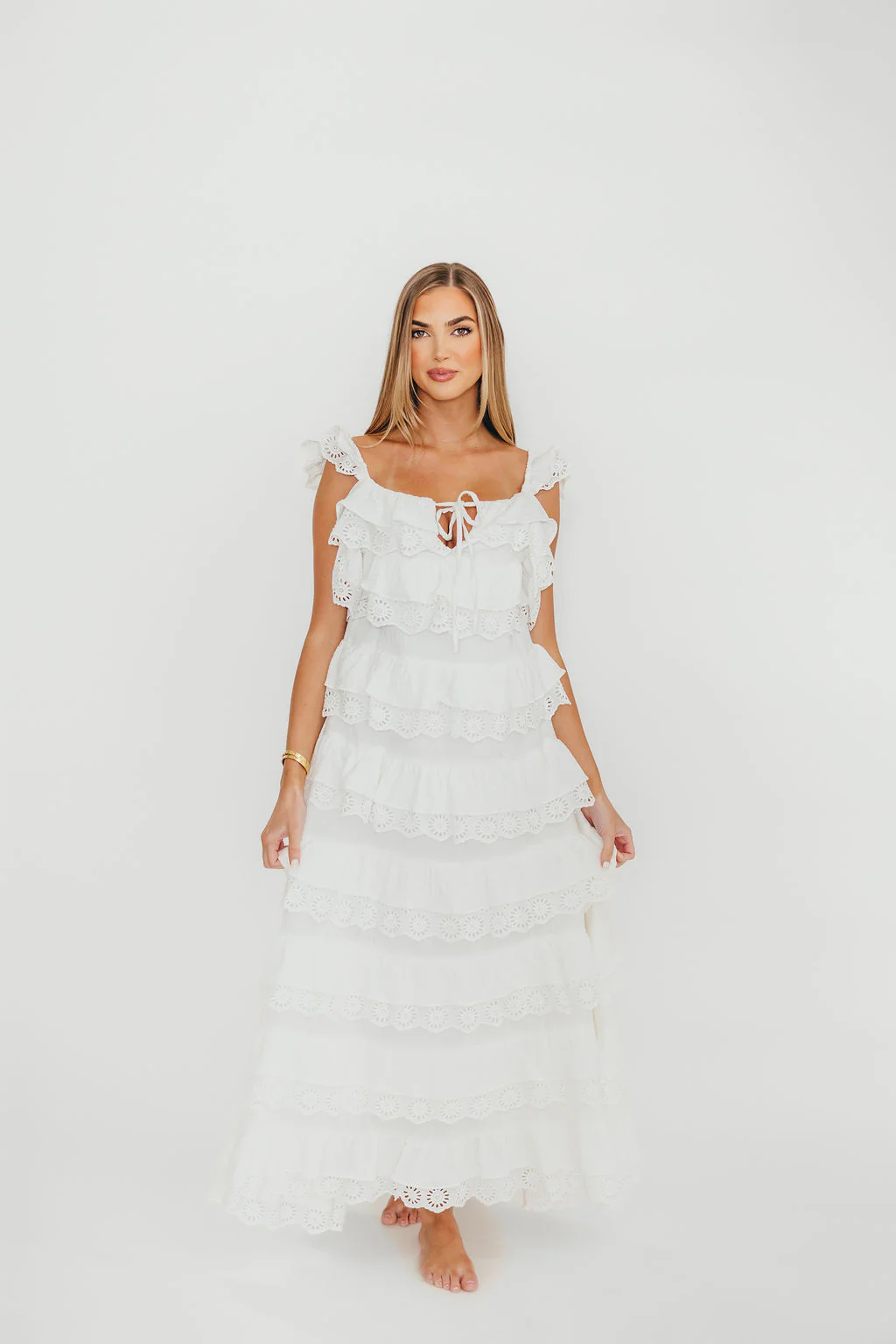 Mikayla 100% Cotton Lace and Gauze Contrast Tiered Maxi Dress in Off White - Image 5