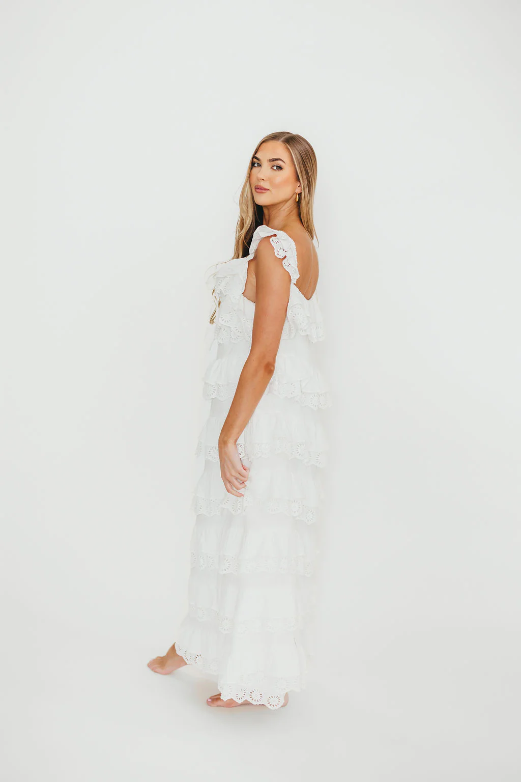 Mikayla 100% Cotton Lace and Gauze Contrast Tiered Maxi Dress in Off White - Image 6