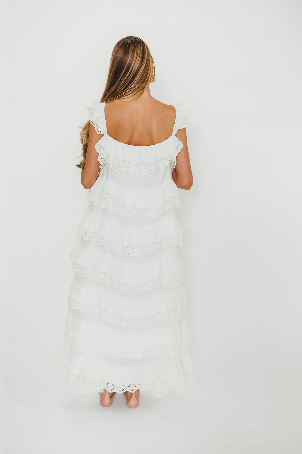 Mikayla 100% Cotton Lace and Gauze Contrast Tiered Maxi Dress in Off White - Image 7