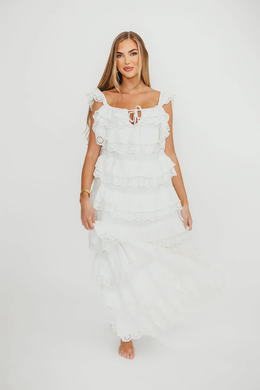 Mikayla 100% Cotton Lace and Gauze Contrast Tiered Maxi Dress in Off White - Image 8