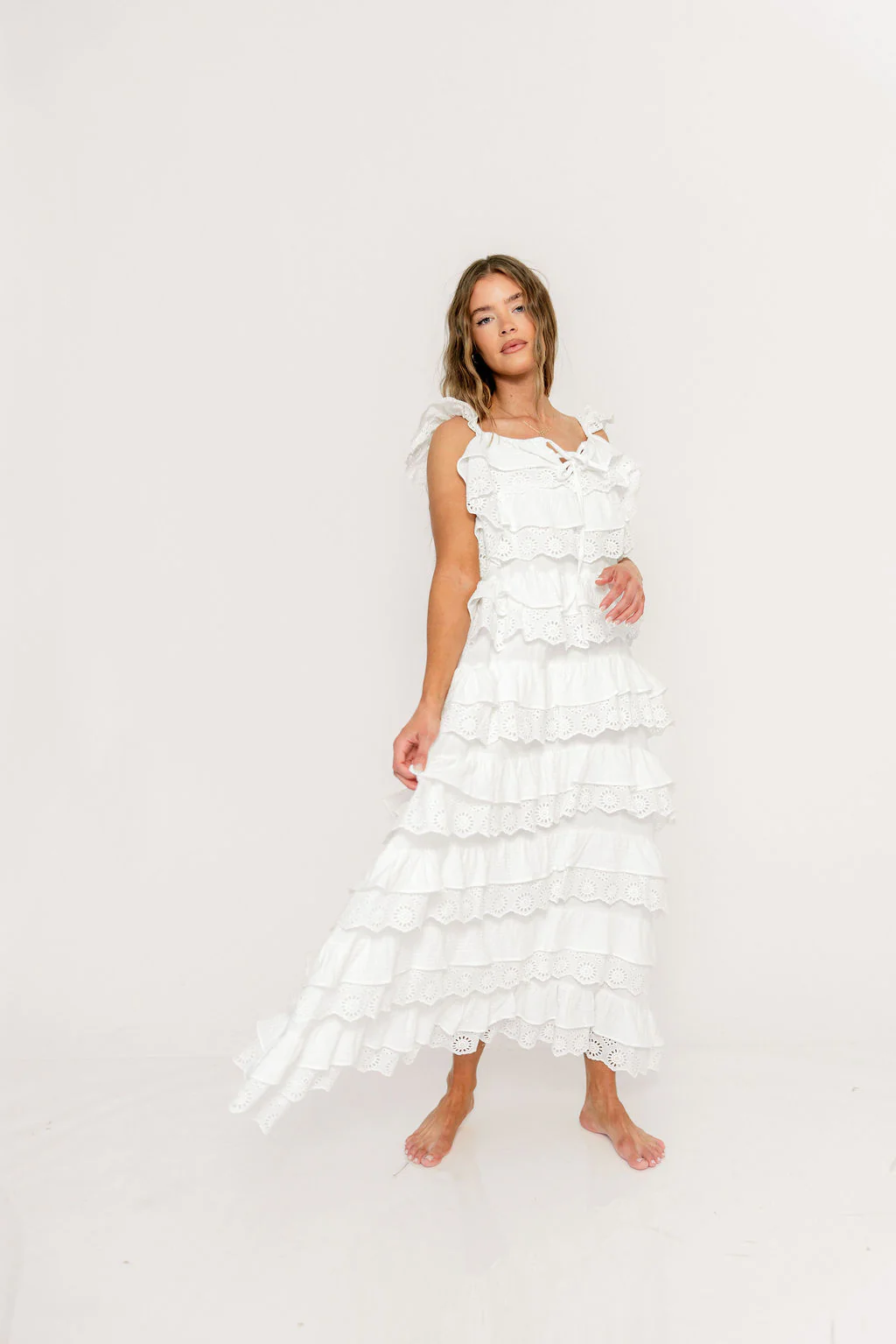 Mikayla 100% Cotton Lace and Gauze Contrast Tiered Maxi Dress in Off White - Image 9