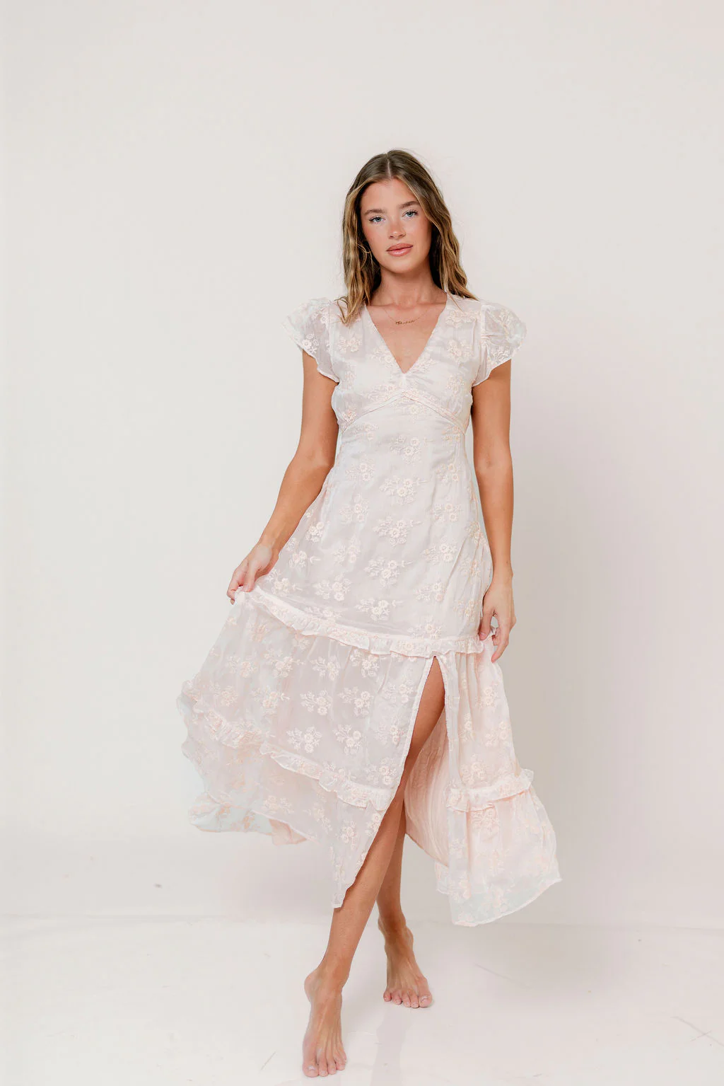 Eleanora Lace Embroidered Tiered Maxi Dress in Apricot