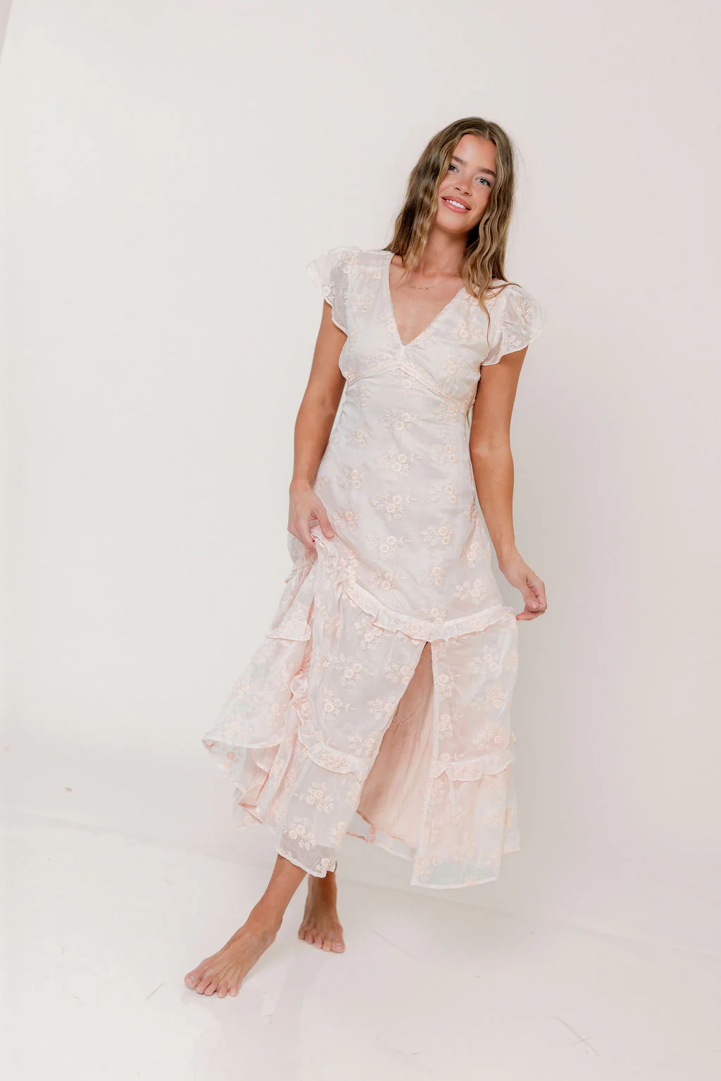 Eleanora Lace Embroidered Tiered Maxi Dress in Apricot - Image 10