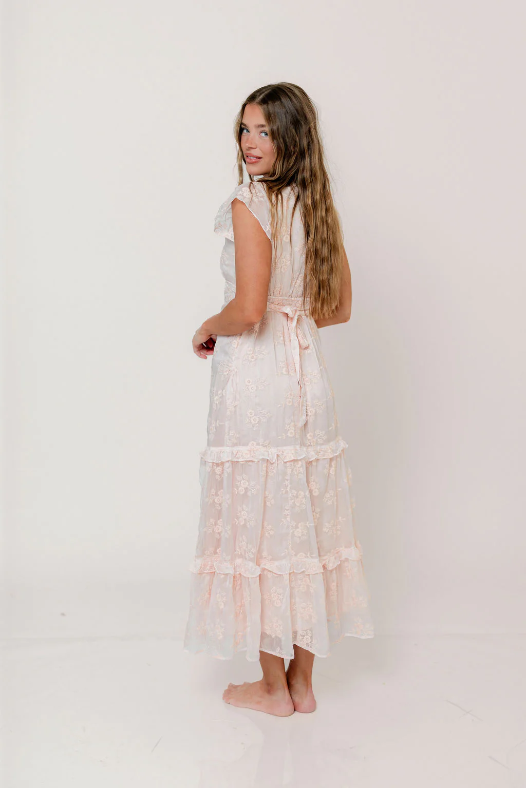 Eleanora Lace Embroidered Tiered Maxi Dress in Apricot - Image 11