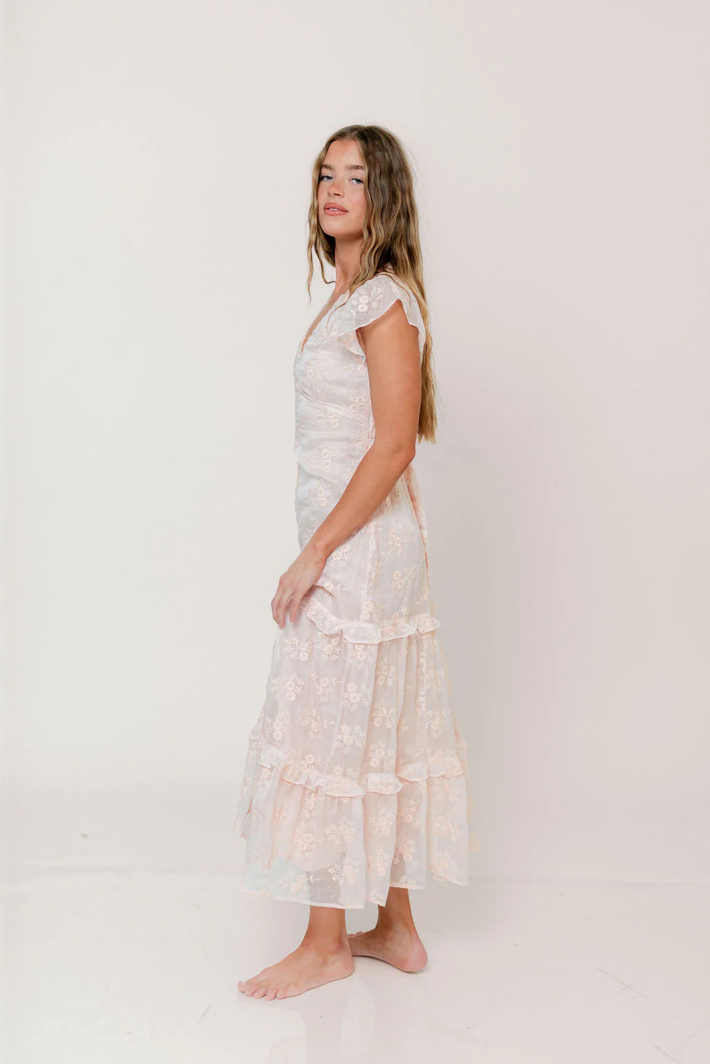 Eleanora Lace Embroidered Tiered Maxi Dress in Apricot - Image 12