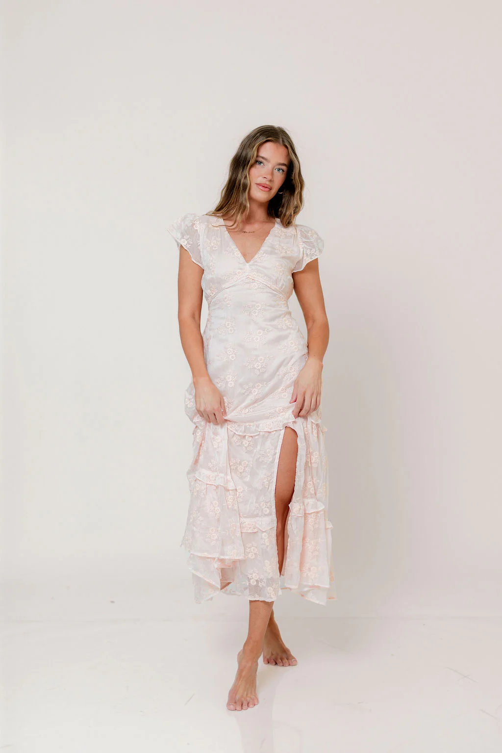 Eleanora Lace Embroidered Tiered Maxi Dress in Apricot - Image 2