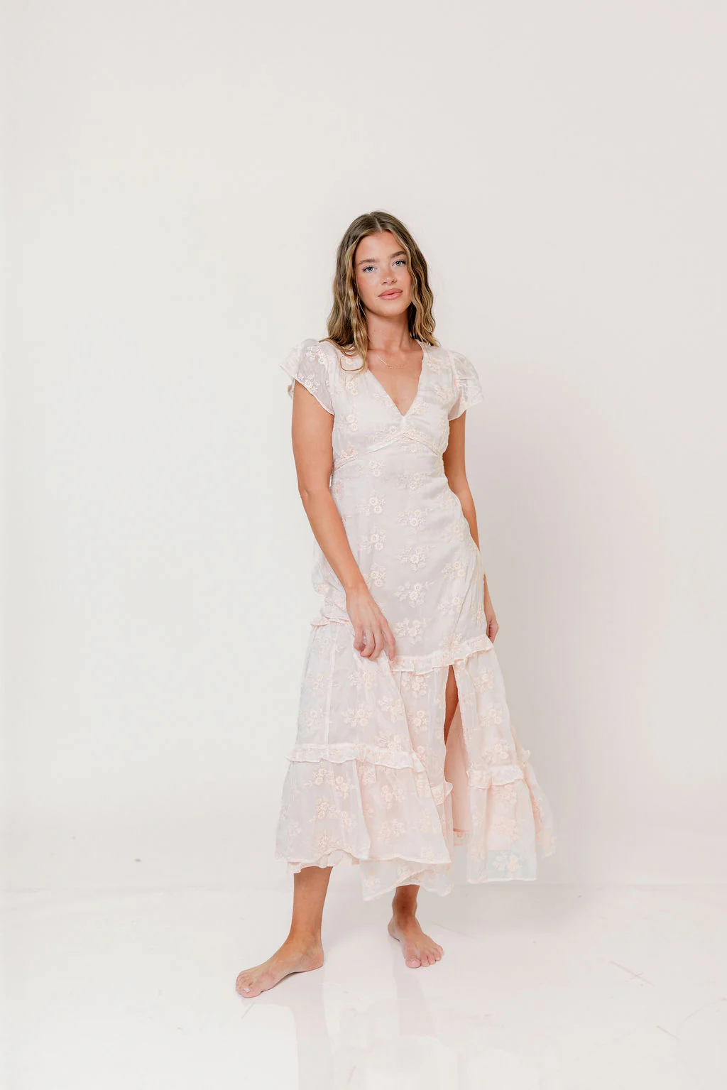 Eleanora Lace Embroidered Tiered Maxi Dress in Apricot - Image 3