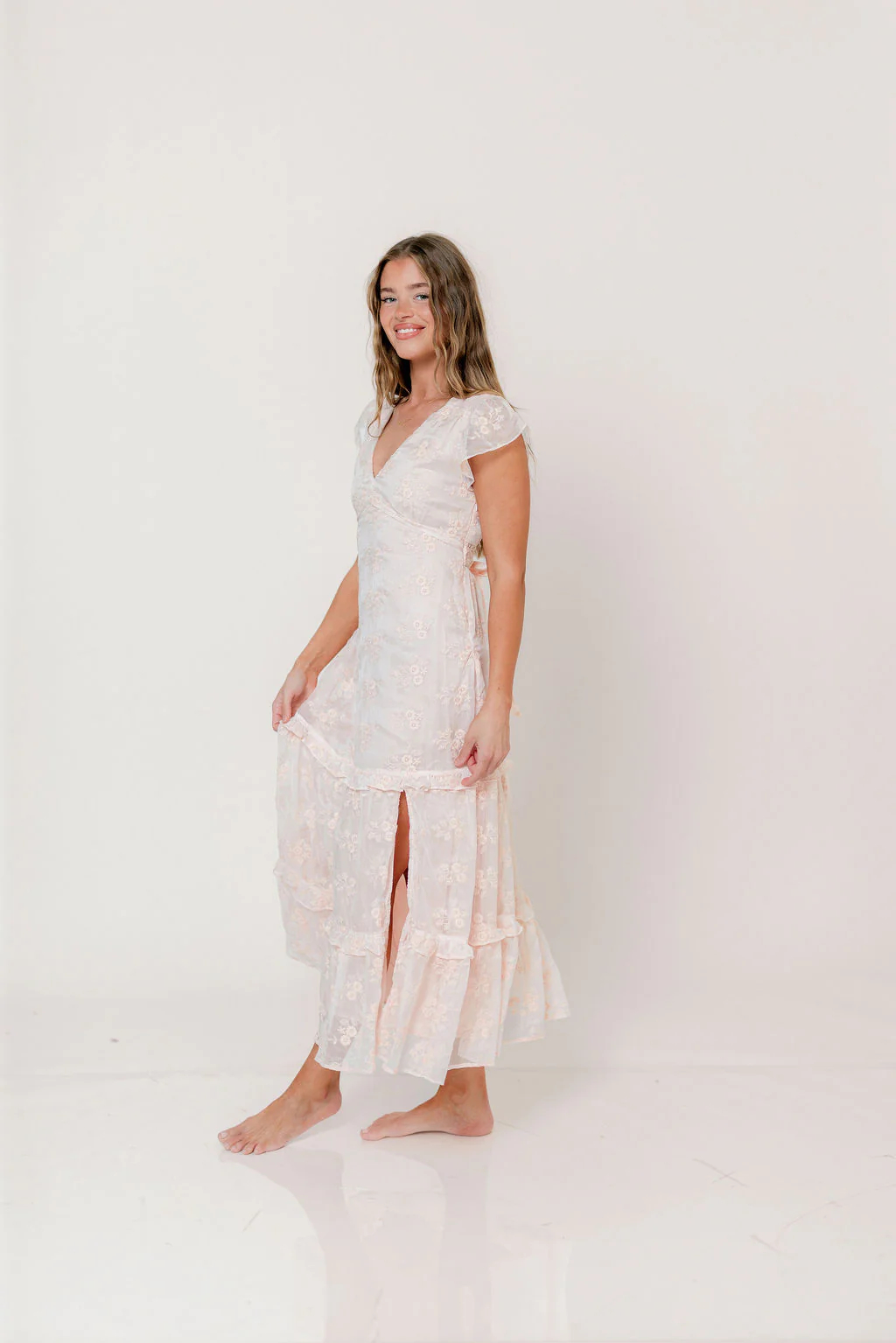 Eleanora Lace Embroidered Tiered Maxi Dress in Apricot - Image 4