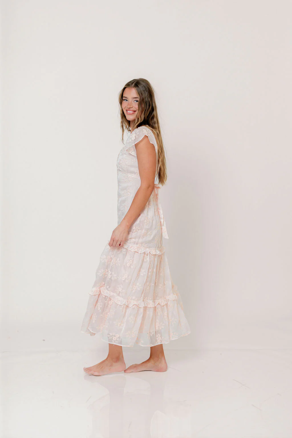 Eleanora Lace Embroidered Tiered Maxi Dress in Apricot - Image 5