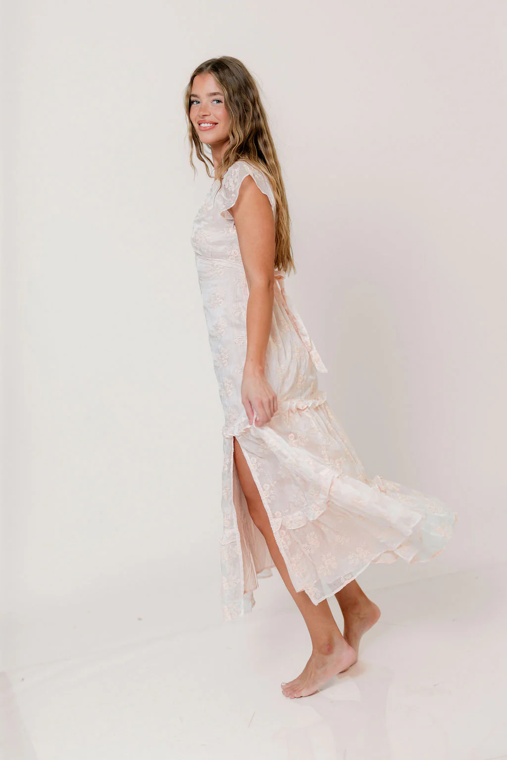 Eleanora Lace Embroidered Tiered Maxi Dress in Apricot - Image 8