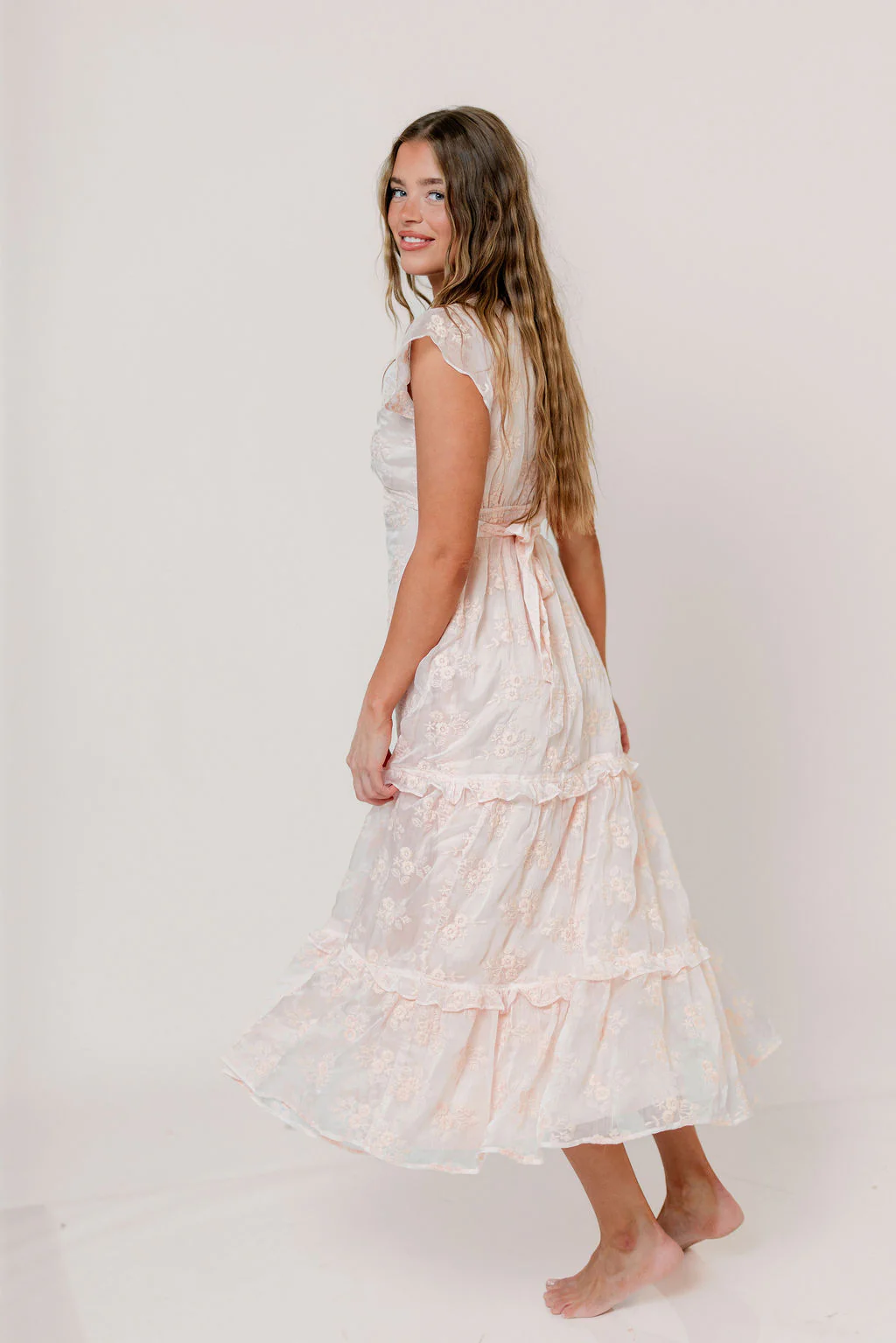 Eleanora Lace Embroidered Tiered Maxi Dress in Apricot - Image 9