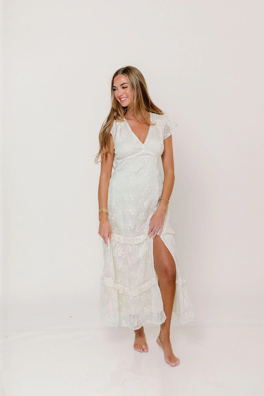 Eleanora Lace Embroidered Tiered Maxi Dress in Buttercream