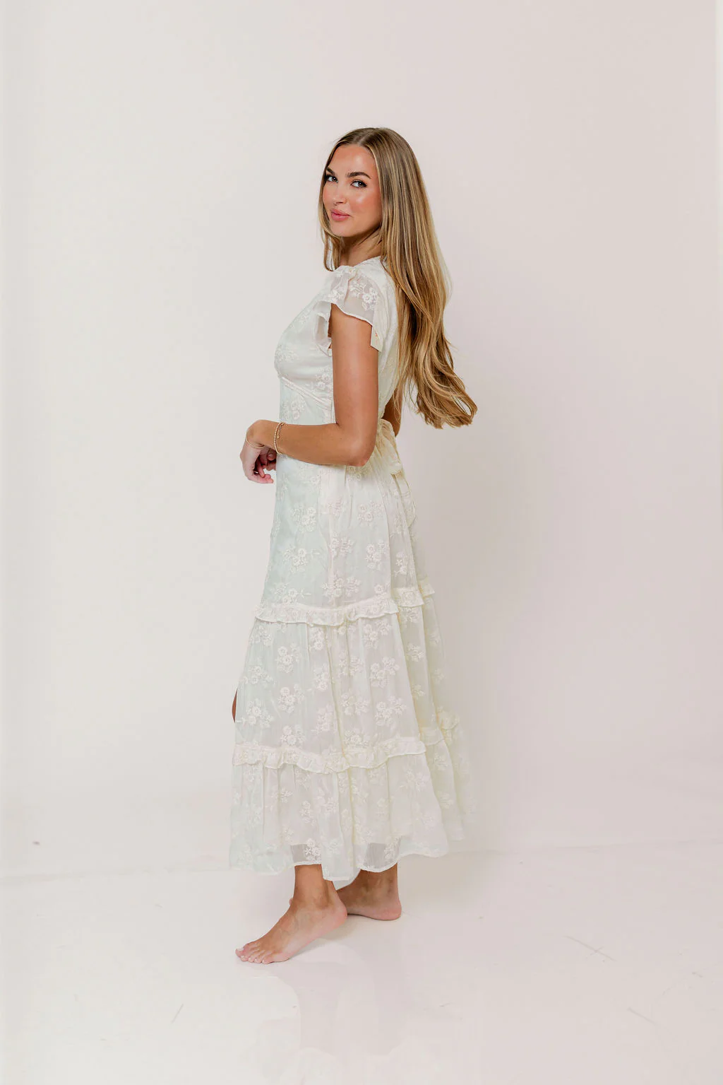 Eleanora Lace Embroidered Tiered Maxi Dress in Buttercream - Image 2