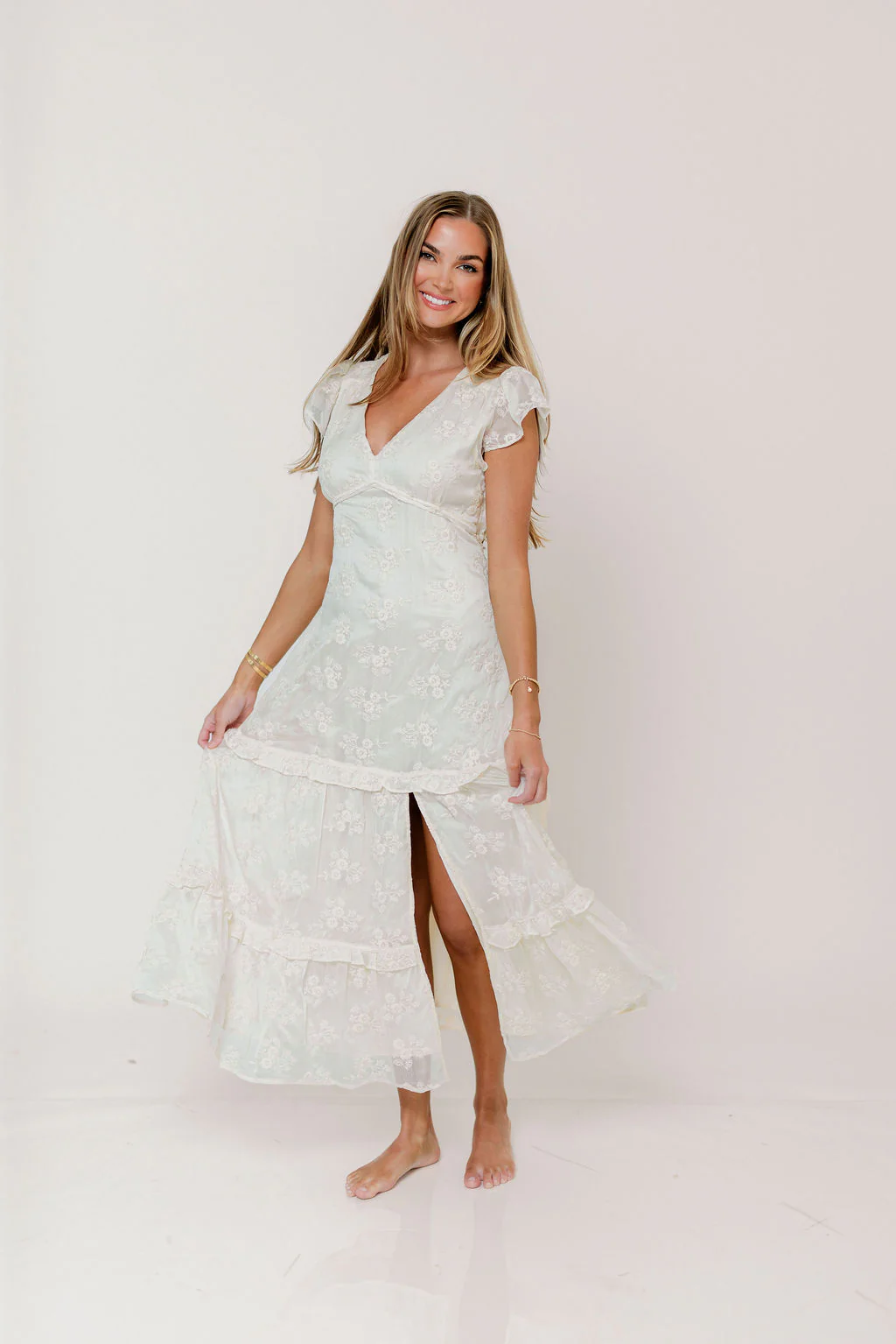 Eleanora Lace Embroidered Tiered Maxi Dress in Buttercream - Image 3