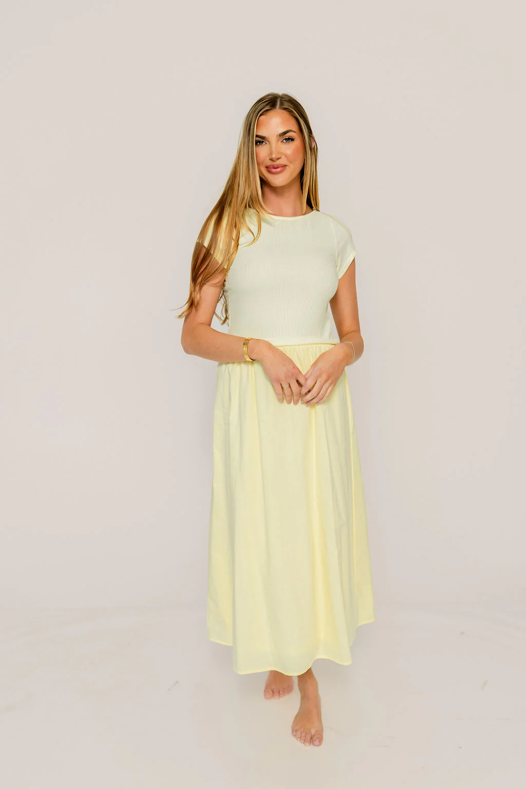 Romy Mixed Media Midi Dress in Light Yellow - Image 2