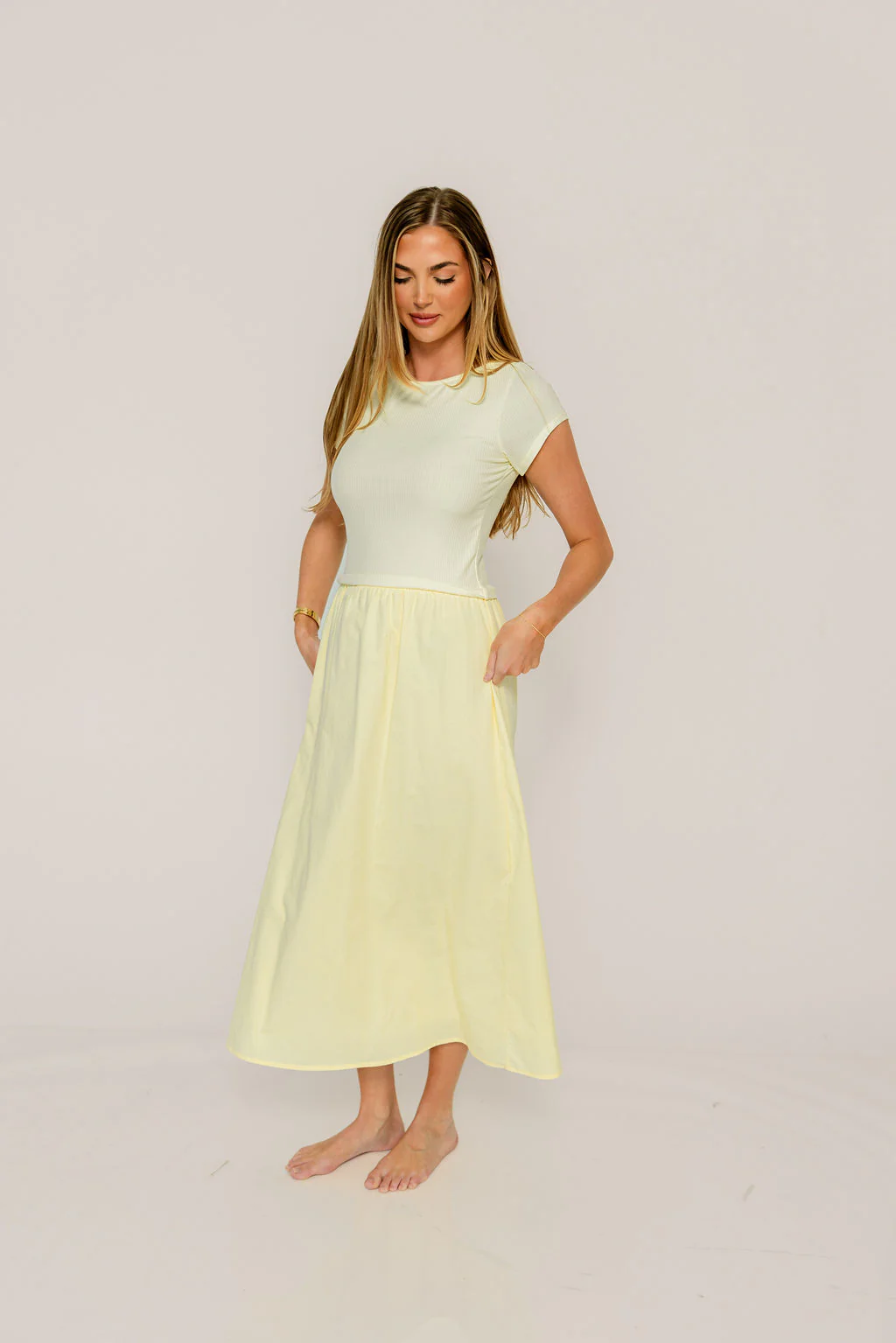 Romy Mixed Media Midi Dress in Light Yellow - Image 3