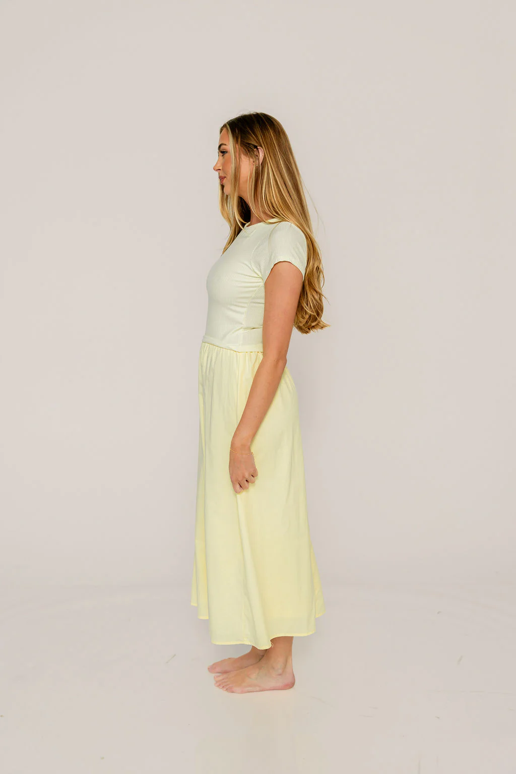 Romy Mixed Media Midi Dress in Light Yellow - Image 4