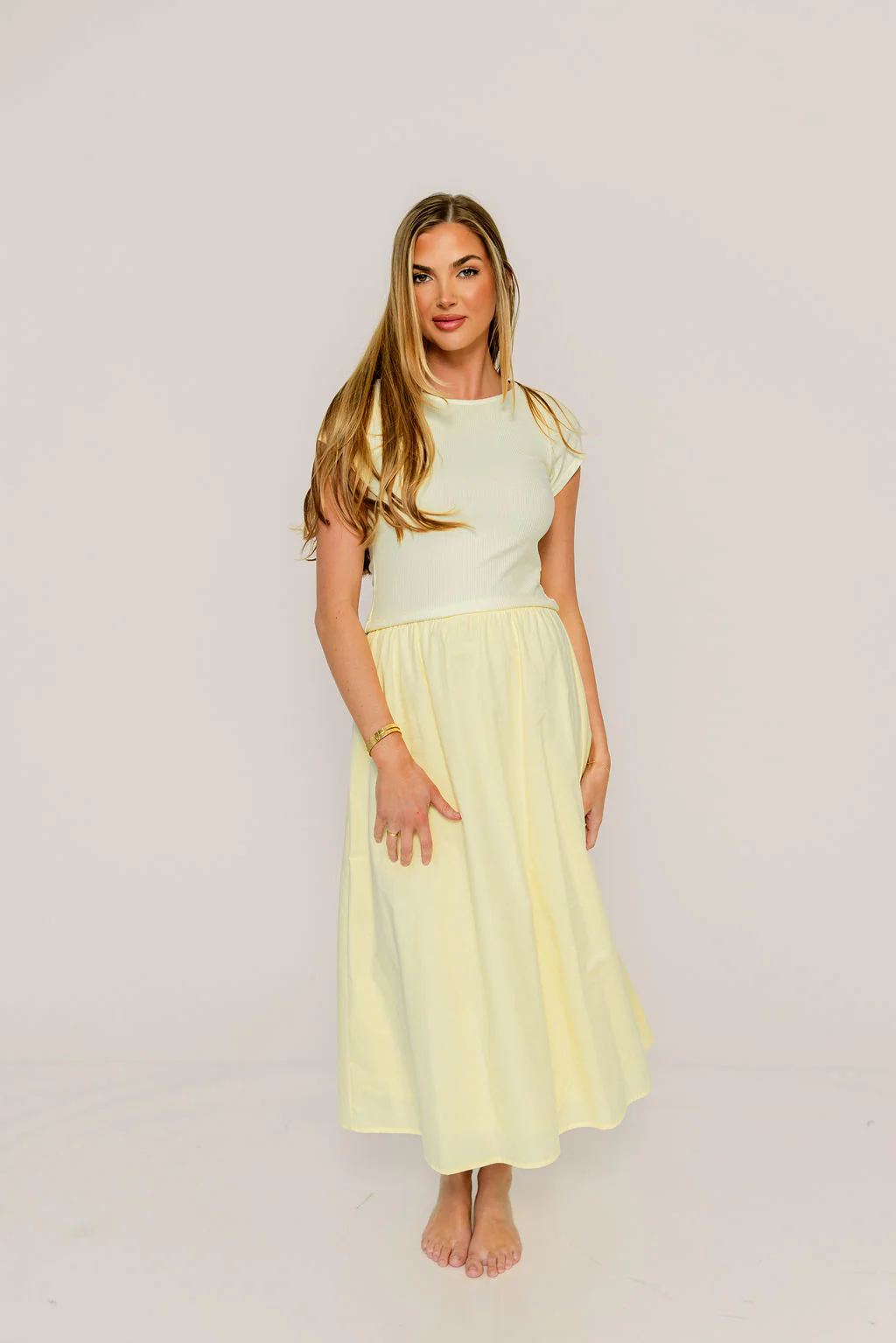 Romy Mixed Media Midi Dress in Light Yellow - Image 5
