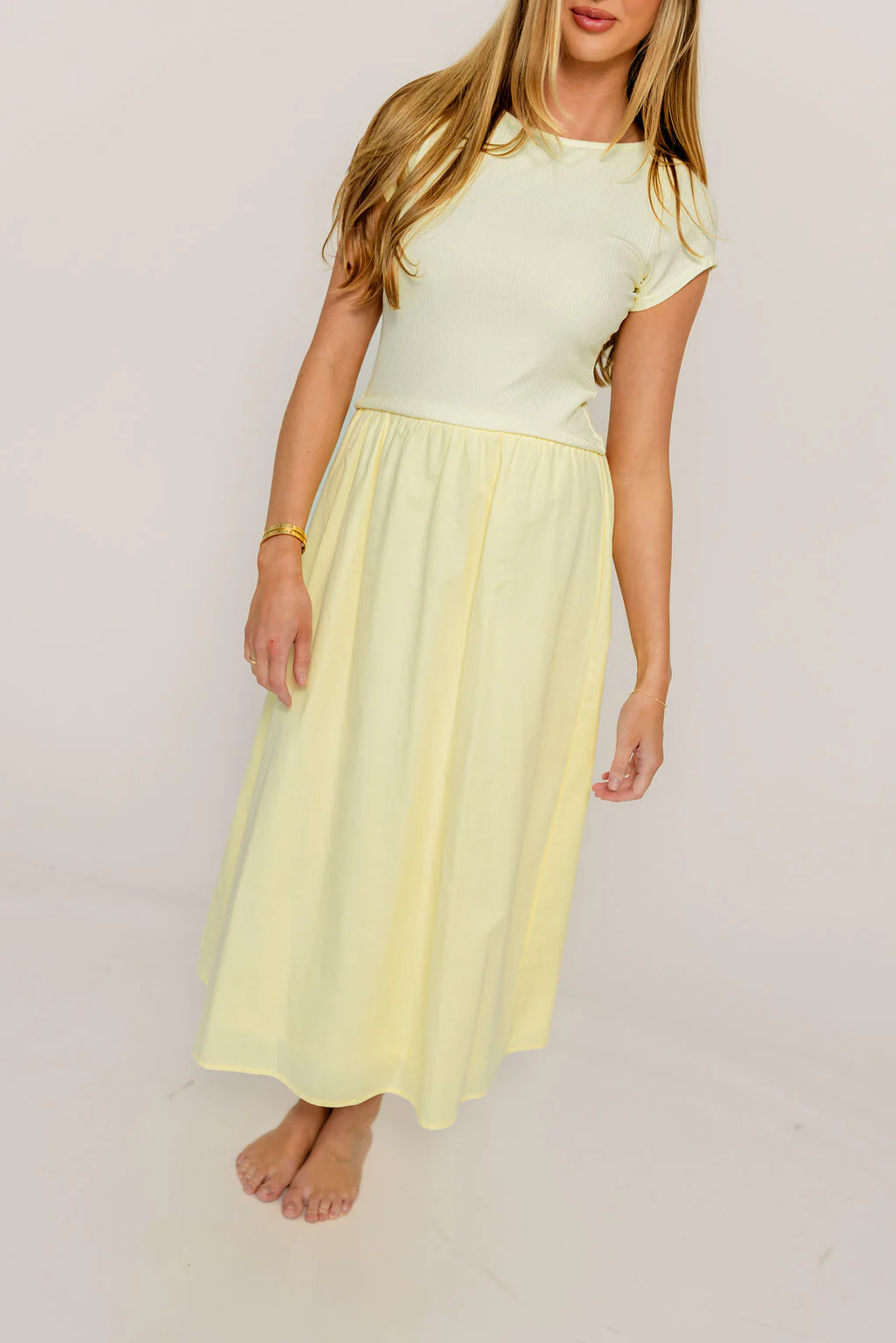 Romy Mixed Media Midi Dress in Light Yellow - Image 6