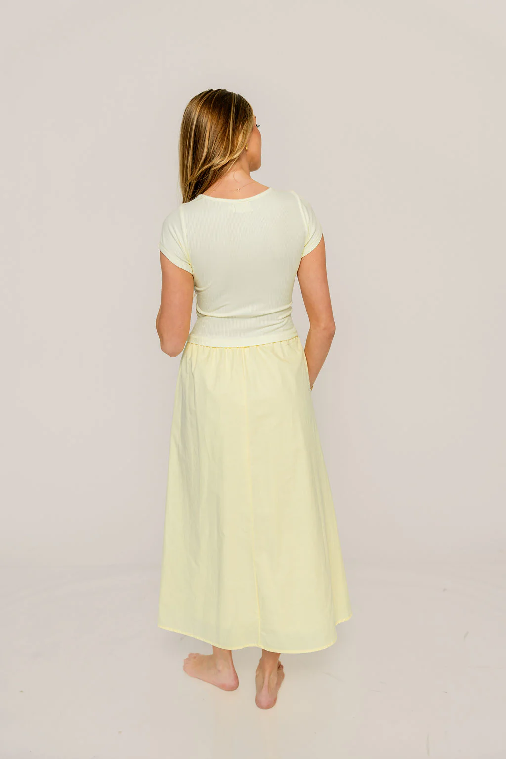 Romy Mixed Media Midi Dress in Light Yellow - Image 7