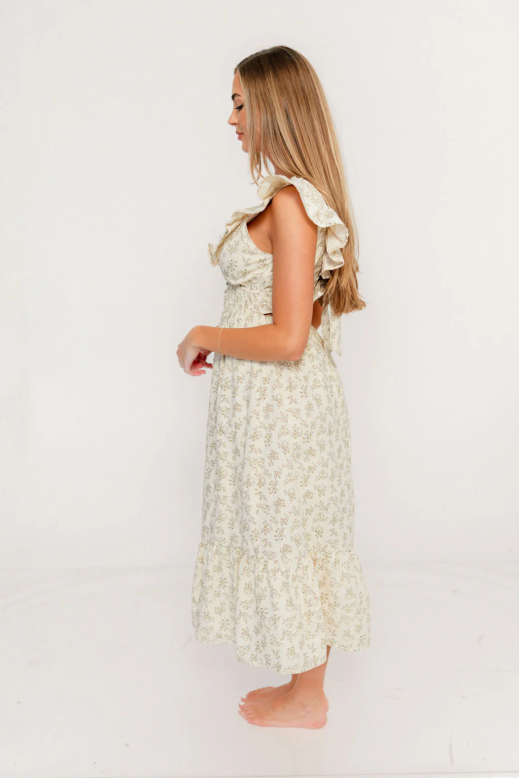 Bellamy 100% Cotton Midi Dress in Cream/Olive Floral - Image 3